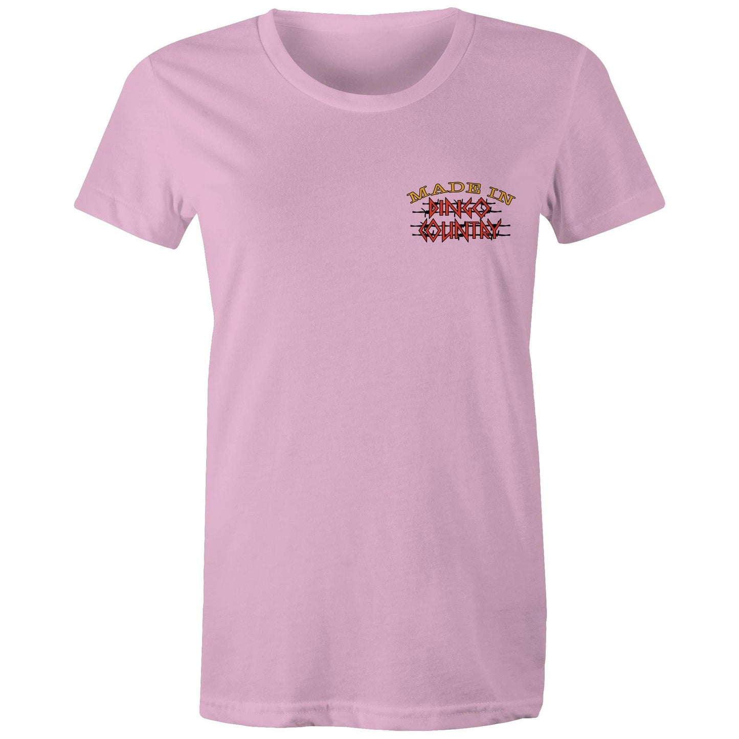 Front view of the pink 'Fly in My Beer' T-shirt with a small Dingo Country logo on the chest.