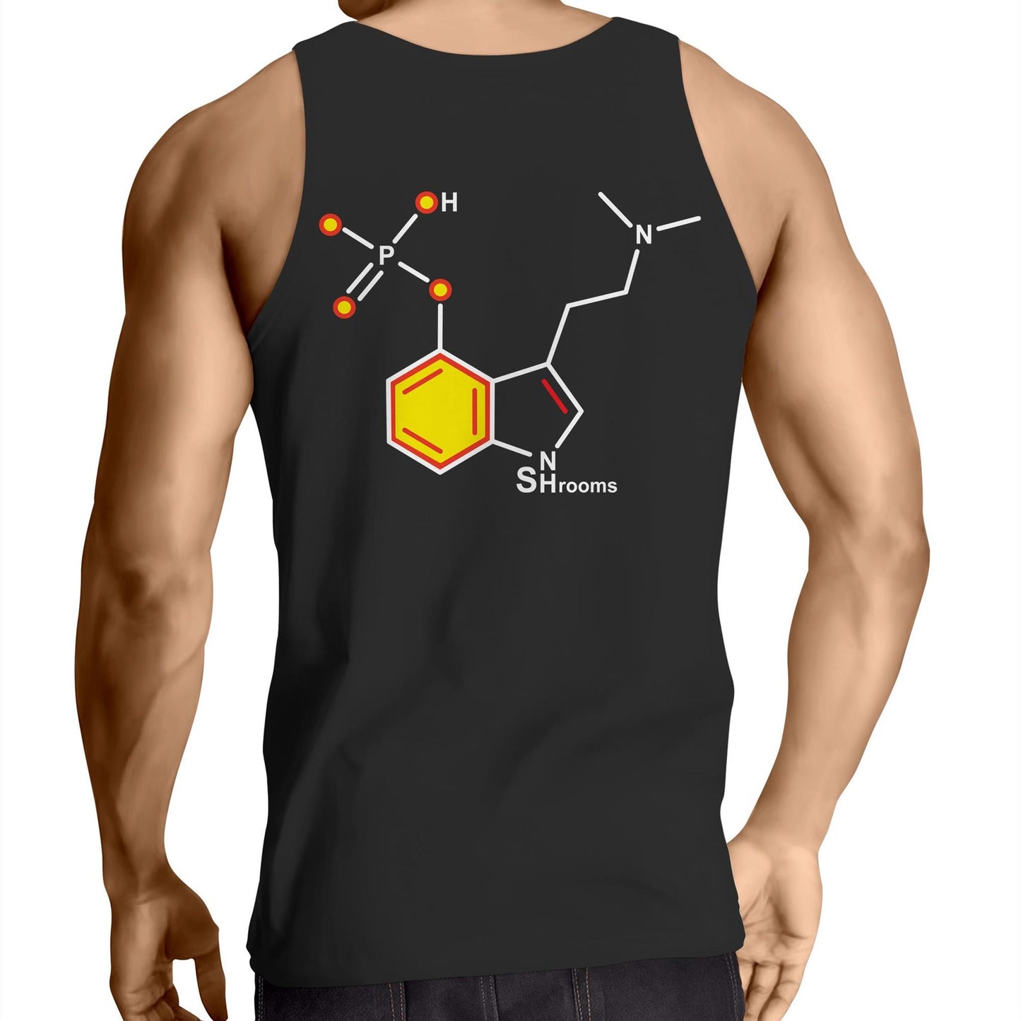 Back view of a men's black singlet displaying a colourful chemical structure of psilocybin, labeled 'Shrooms', representing a playful nod to psychedelic science.