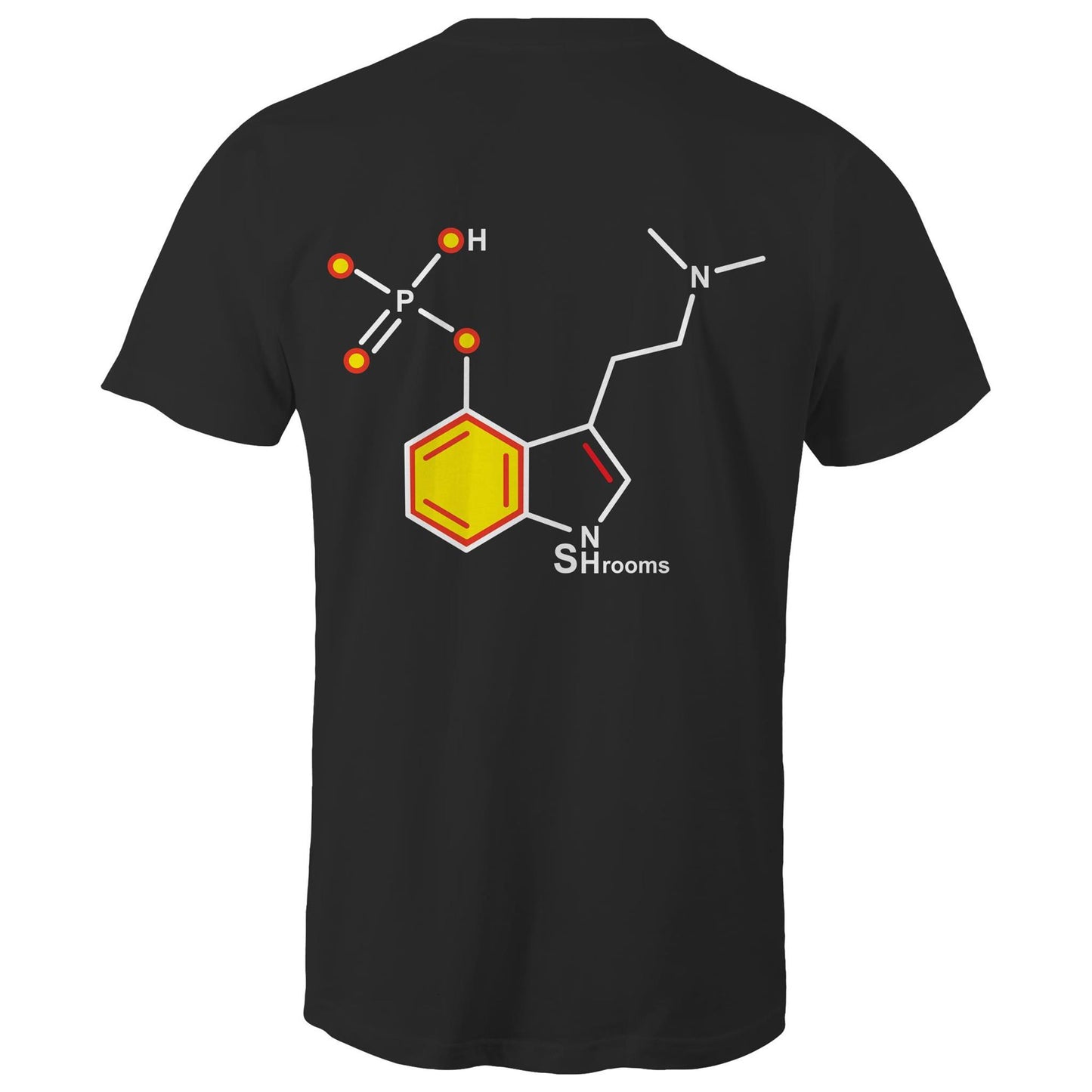 Back of the men's black T-shirt showcasing the Psilocybin molecule, combining scientific appeal with a sharp, modern design.