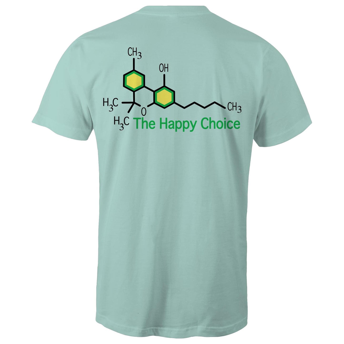 Rear view of a aqua T-shirt showing the chemical structure of Tetrahydrocannabinol (THC) with 'The Happy Choice' tagline, merging fun with pharmacological interest.