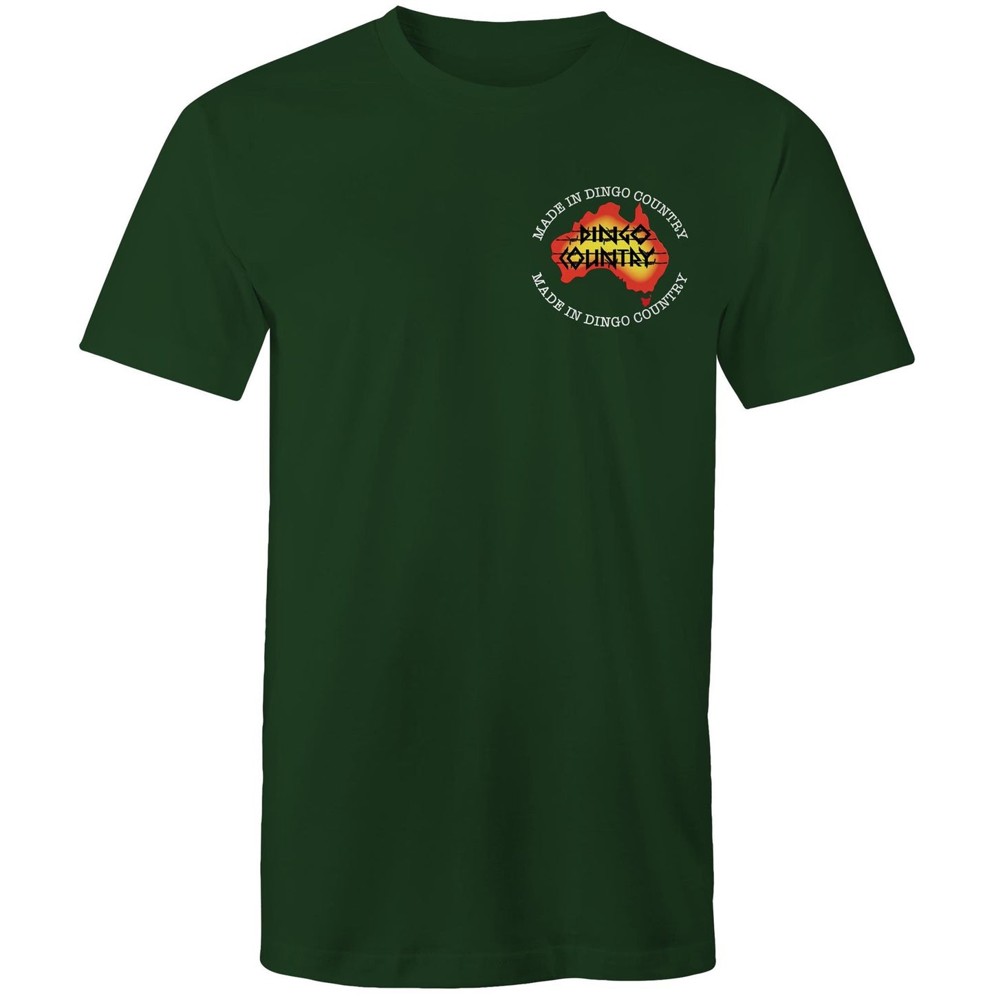 Front view of 'Fly in My Beer' Men's T-Shirt by Dingo Country – plain Forrest green tee with the colourful logo reading 'Made in Dingo Country'