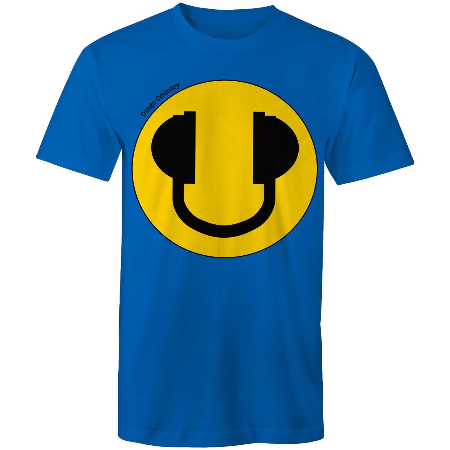Men's bright royal T-Shirt featuring a large smiley face with headphone design, available in 13 colors, showcasing a playful and music-inspired style from Dingo Country.