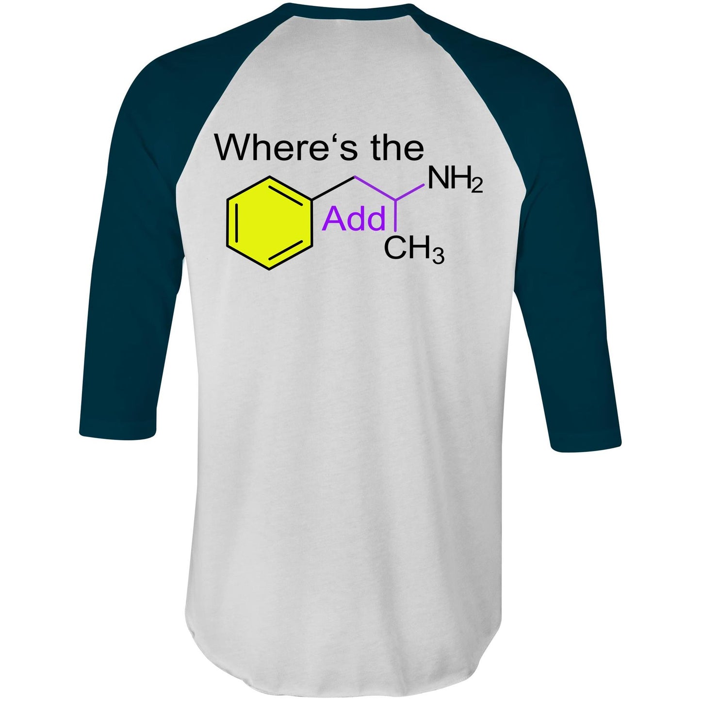 Back view of the navy sleeve raglan t-shirt with a playful 'Where’s the Addy' text intertwined with a vivid molecular structure, symbolizing both a love for chemistry and a good-natured sense of humor.
