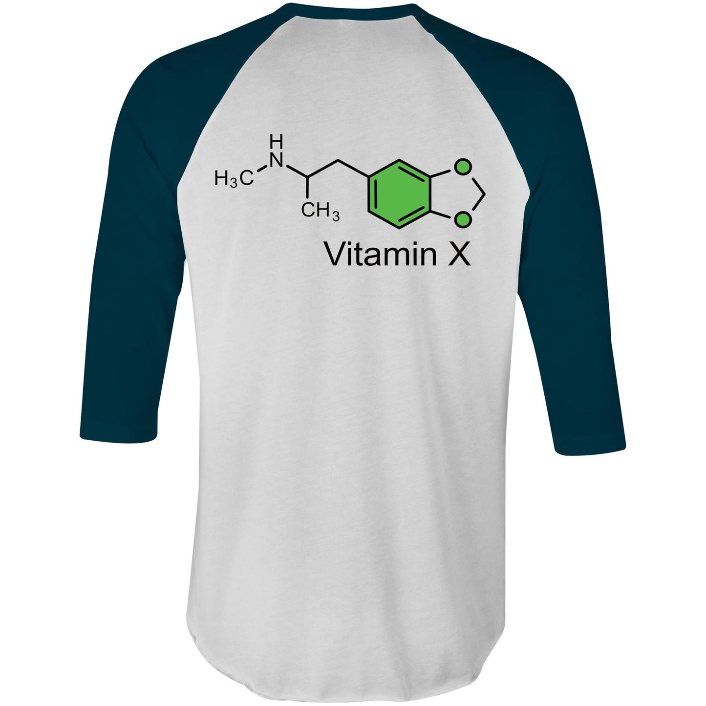 Back view of the raglan navy sleeve t-shirt, prominently displaying a large green molecular structure graphic with 'Vitamin X' labeled underneath, referencing the chemical structure of 3,4-Methylenedioxymethamphetamine.