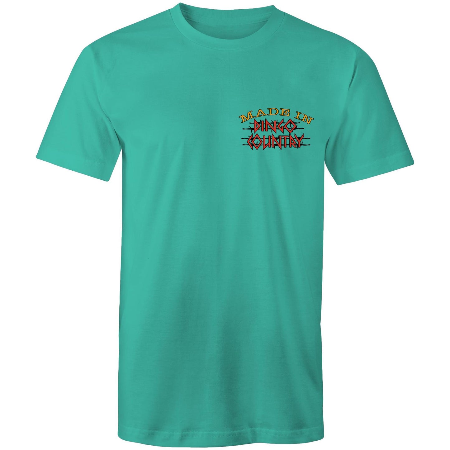 A teal men's t-shirt with a small, central chest print that reads "Made in Dingo Country", The print is stylized with the Australian flag colors and distressed lettering to give a rugged, patriotic feel.