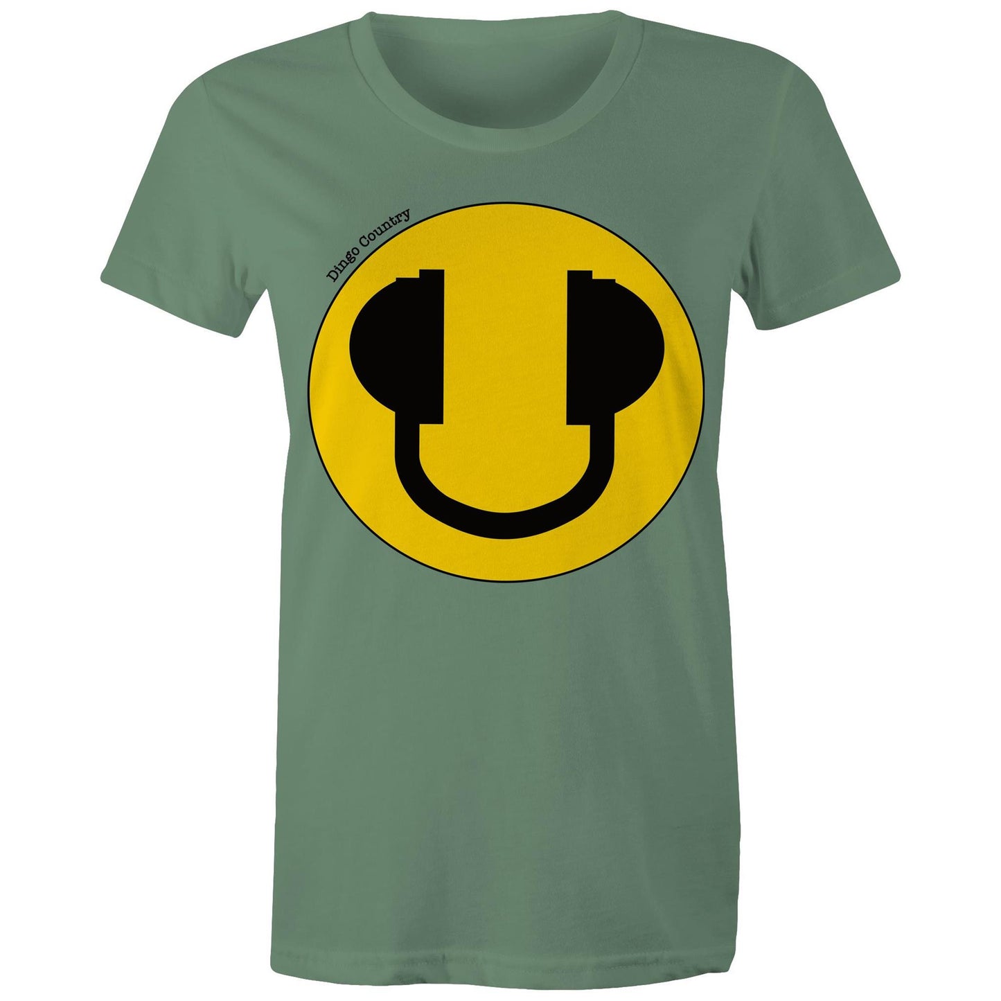 Women's Maple Tee in sage with a bold yellow smiley face and headphone design, expressing a fun-loving music vibe, available at Dingo Country.