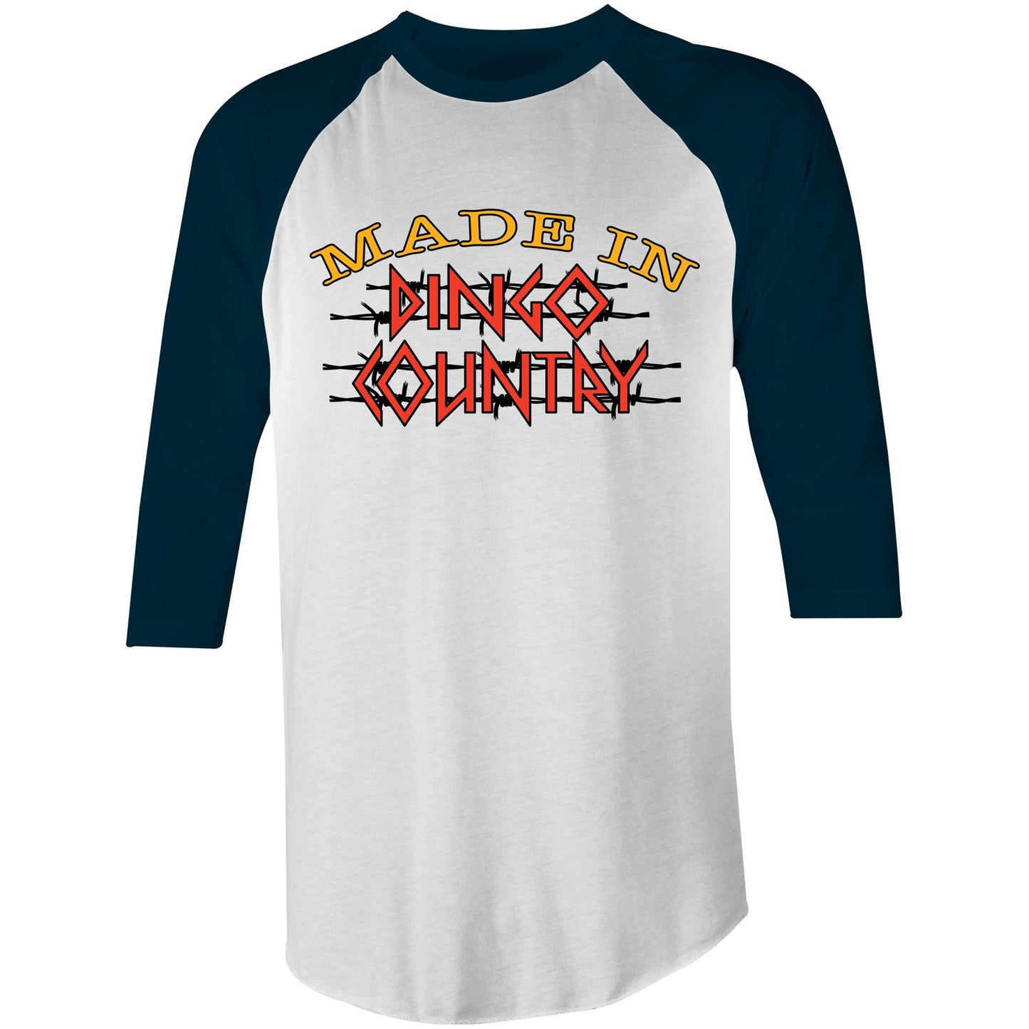Stylish raglan 3/4 navy sleeve t-shirt featuring the bold Dingo Country logo on the front, celebrating Australian pride with a classic look