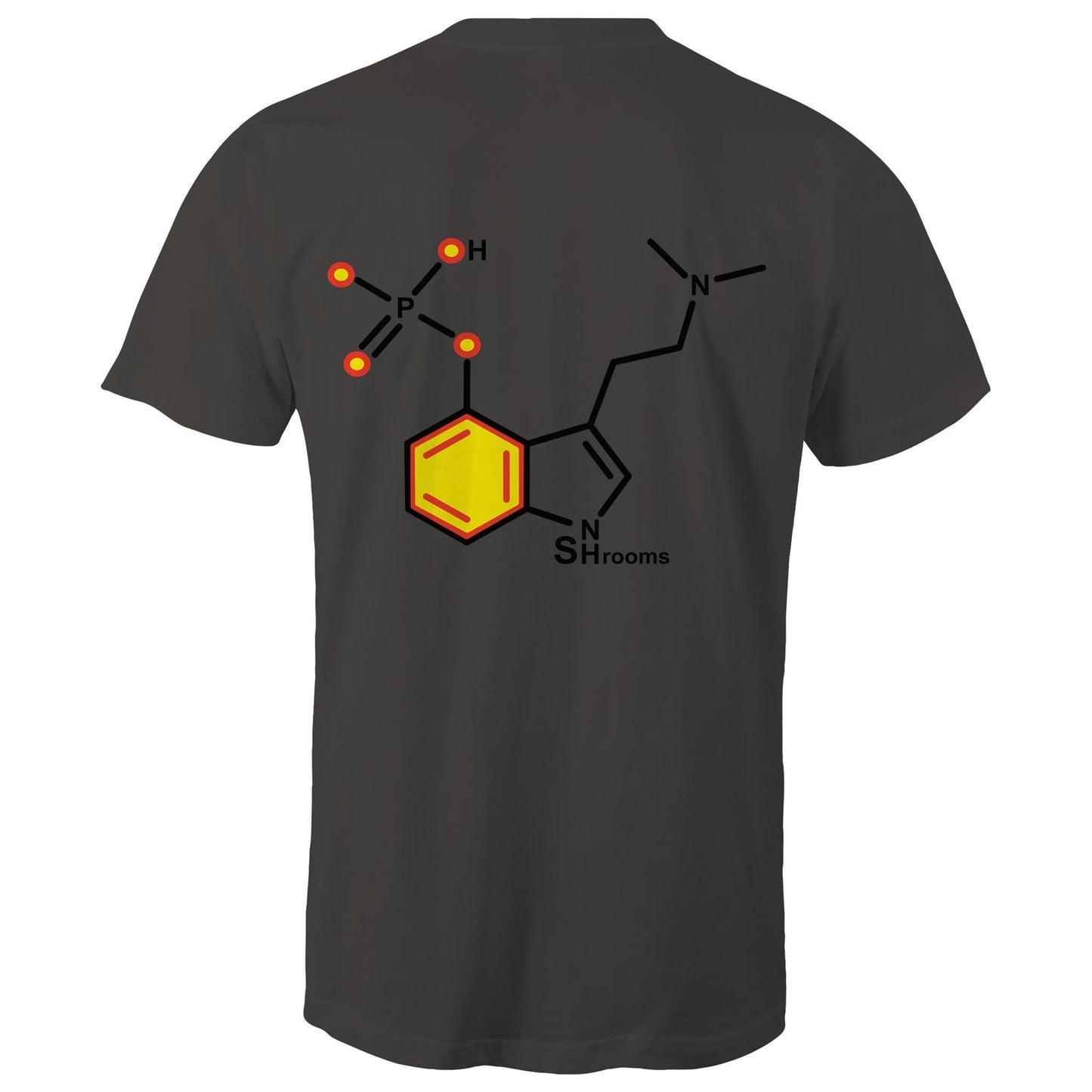 Back of the men's charcoal T-shirt showcasing the Psilocybin molecule, combining scientific appeal with a sharp, modern design.