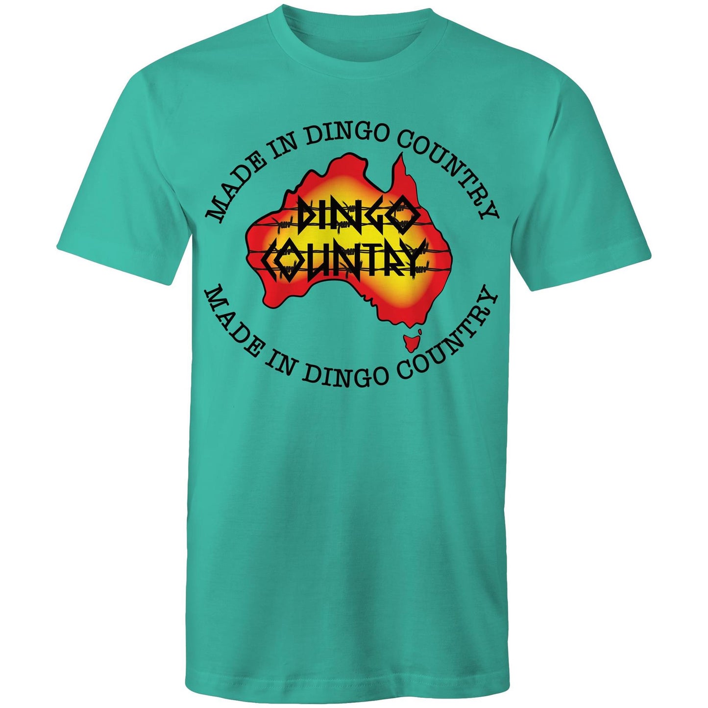 Men's teal T-shirt highlighting a map of Australia with a 'Made in Dingo Country' motif, combining national pride and a sunburnt colour palette.