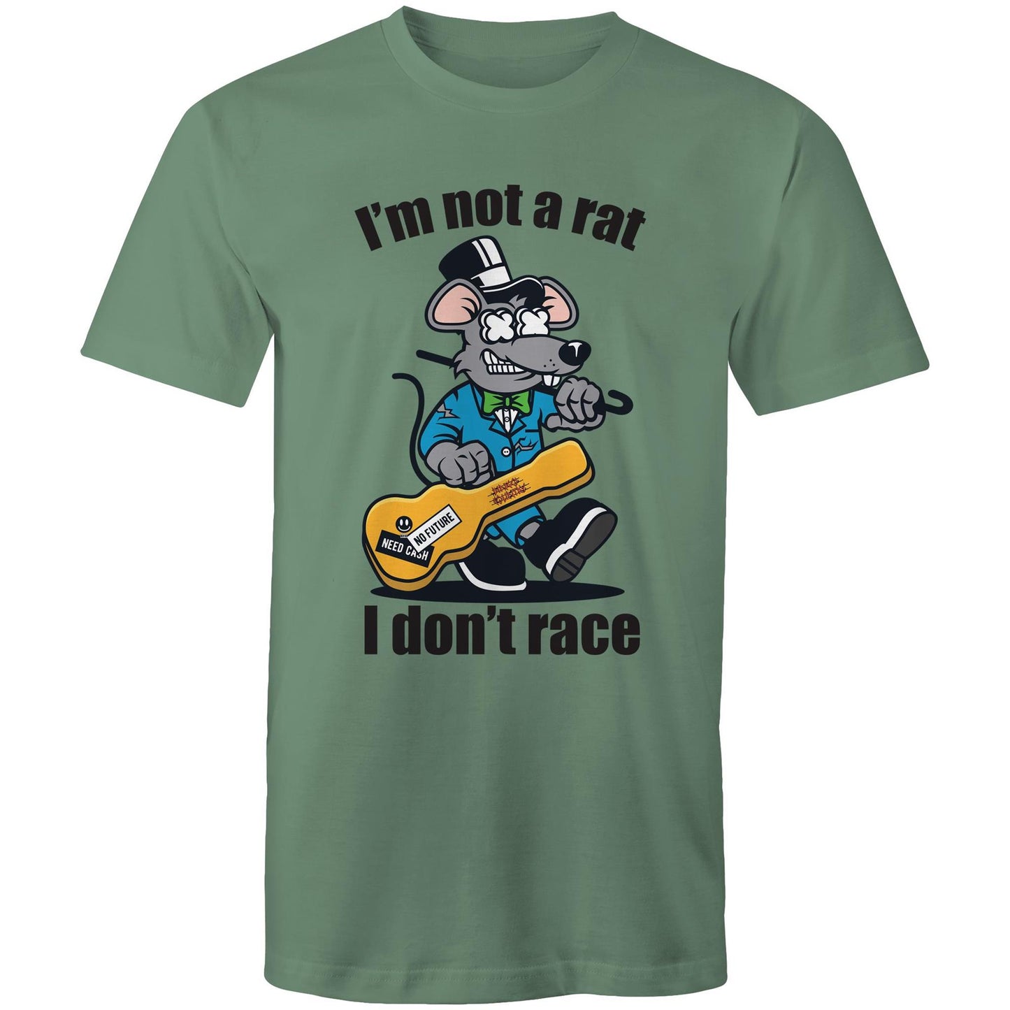 Men's sage t-shirt with a cartoon rat playing guitar and 'I'm Not a Rat, I Don't Race' text - part of Dingo Country's Art & Humour Collection.