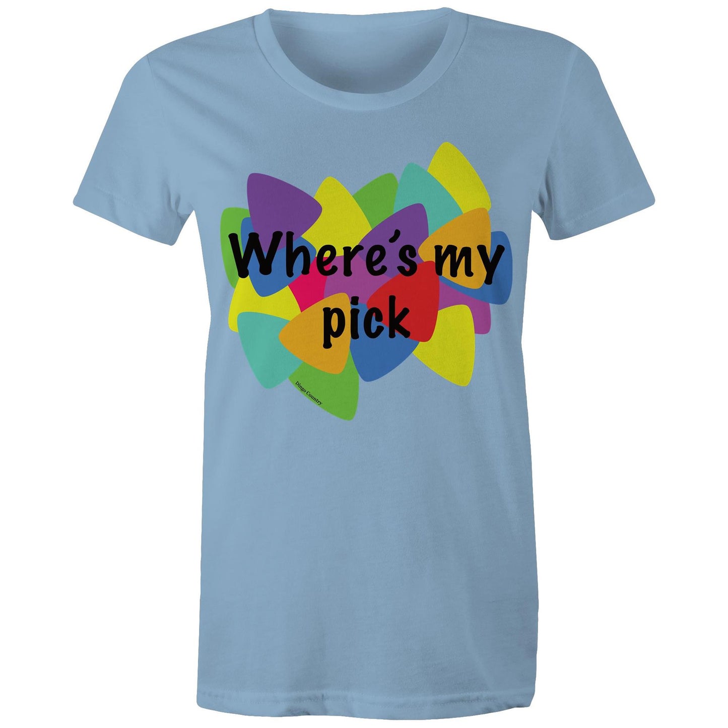 "Where's My Pick" Women's Maple Tee in Carolina blue, featuring a colourful and playful guitar pick graphic in the center with the question "Where's my pick" written across, ideal for those who love a blend of music, style, and fun.