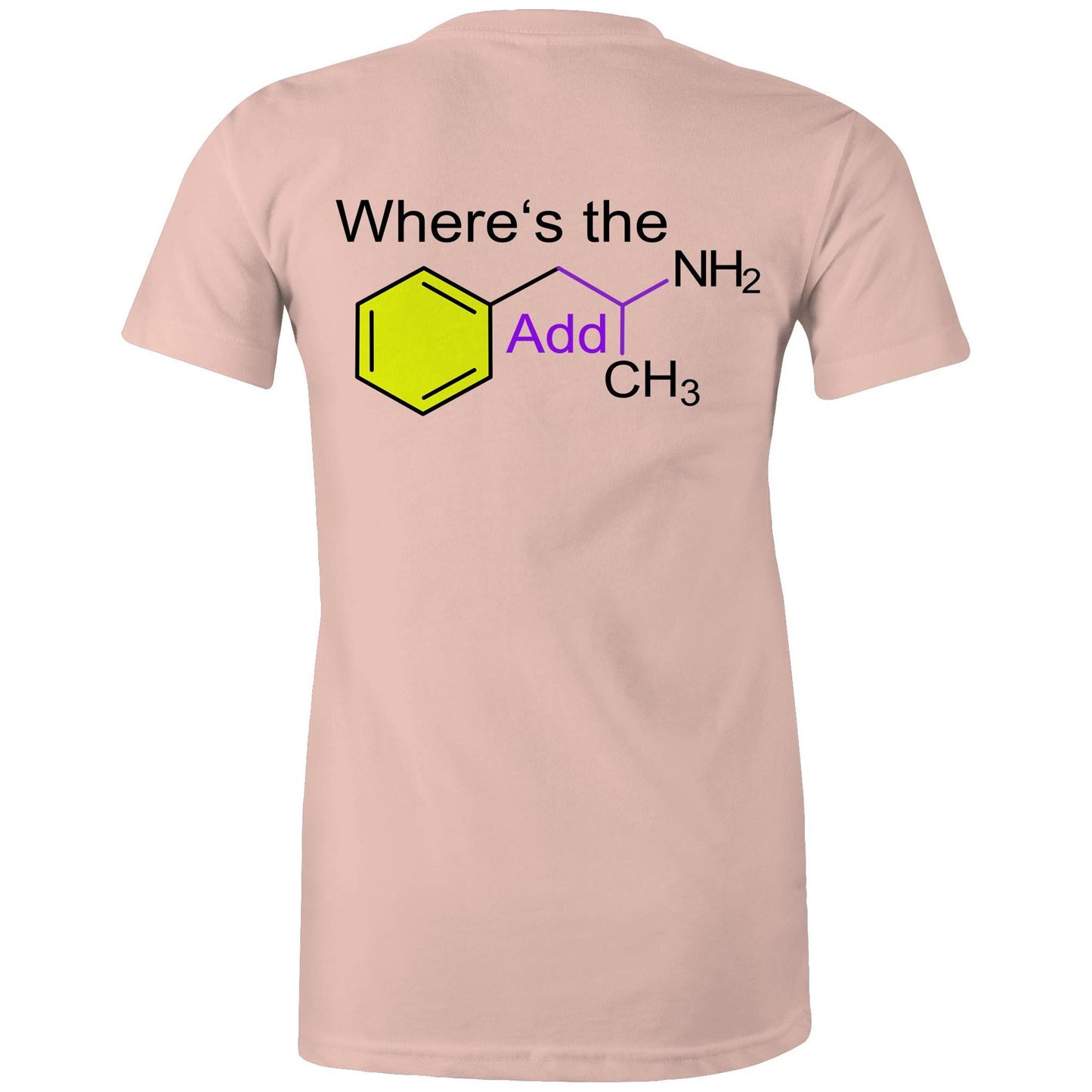 Back view pale pink women's t-shirt showing a playful twist on chemistry with 'Where’s the Addy' integrated within a colourful molecular structure design.