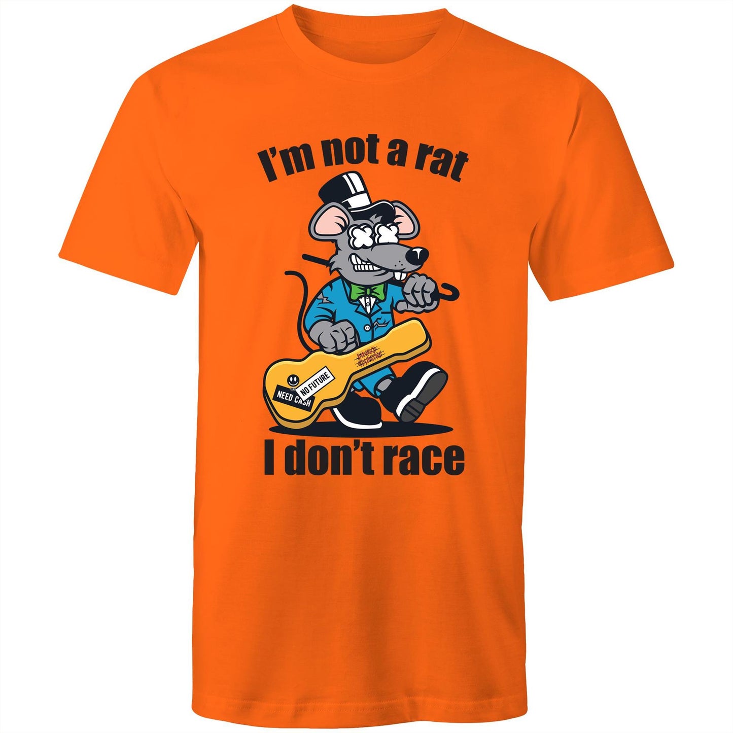 Men's orange t-shirt with a cartoon rat playing guitar and 'I'm Not a Rat, I Don't Race' text - part of Dingo Country's Art & Humour Collection.