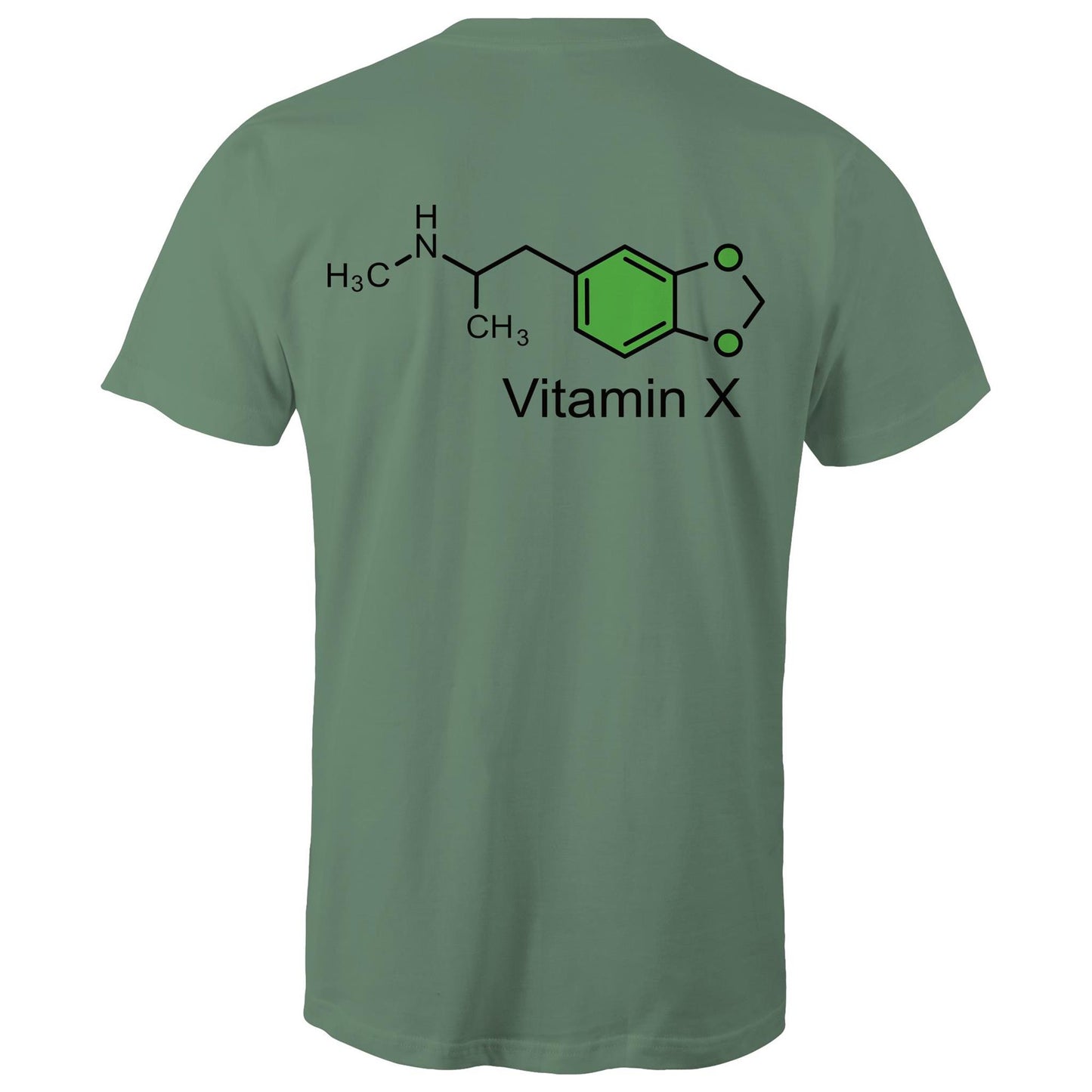 Back of the sage t-shirt displaying the green and black MDMA molecular structure with 'Vitamin X' text, celebrating scientific curiosity