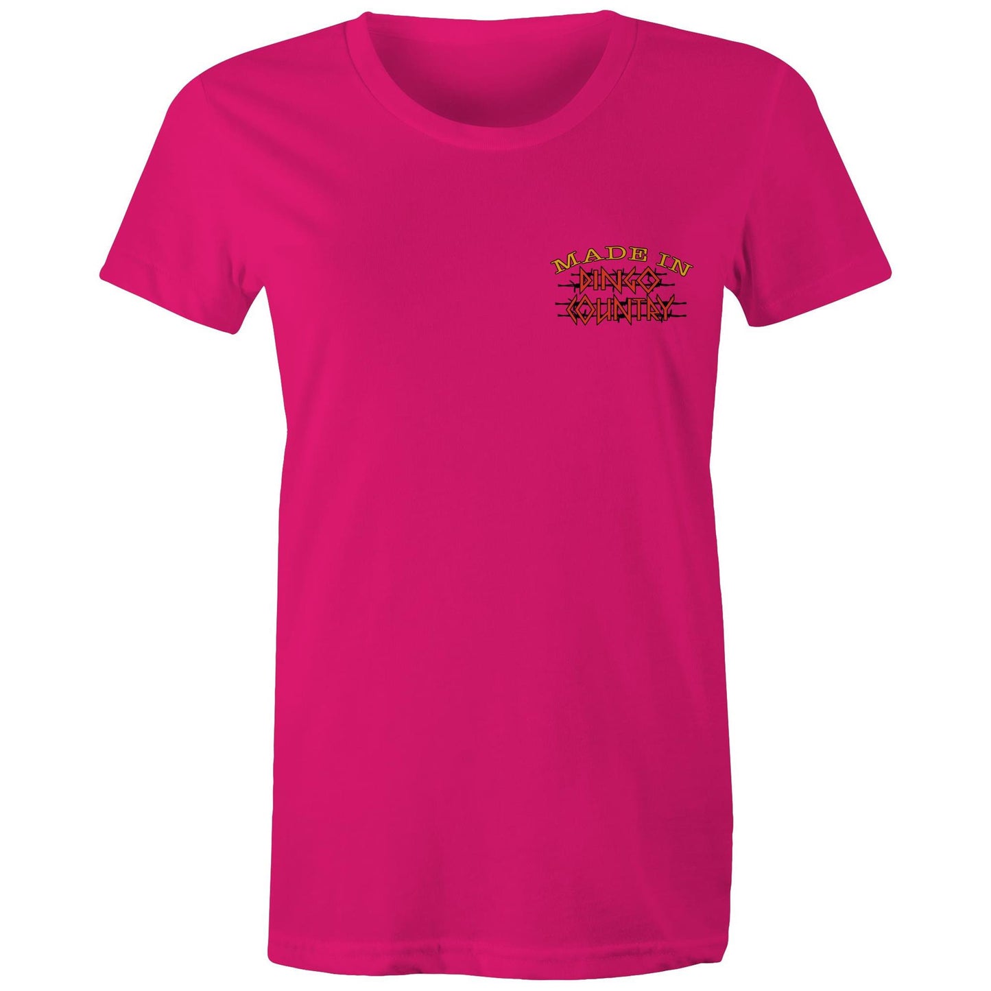 Made in Dingo Country" logo on a plain fuchsia women's maple tee - front view.