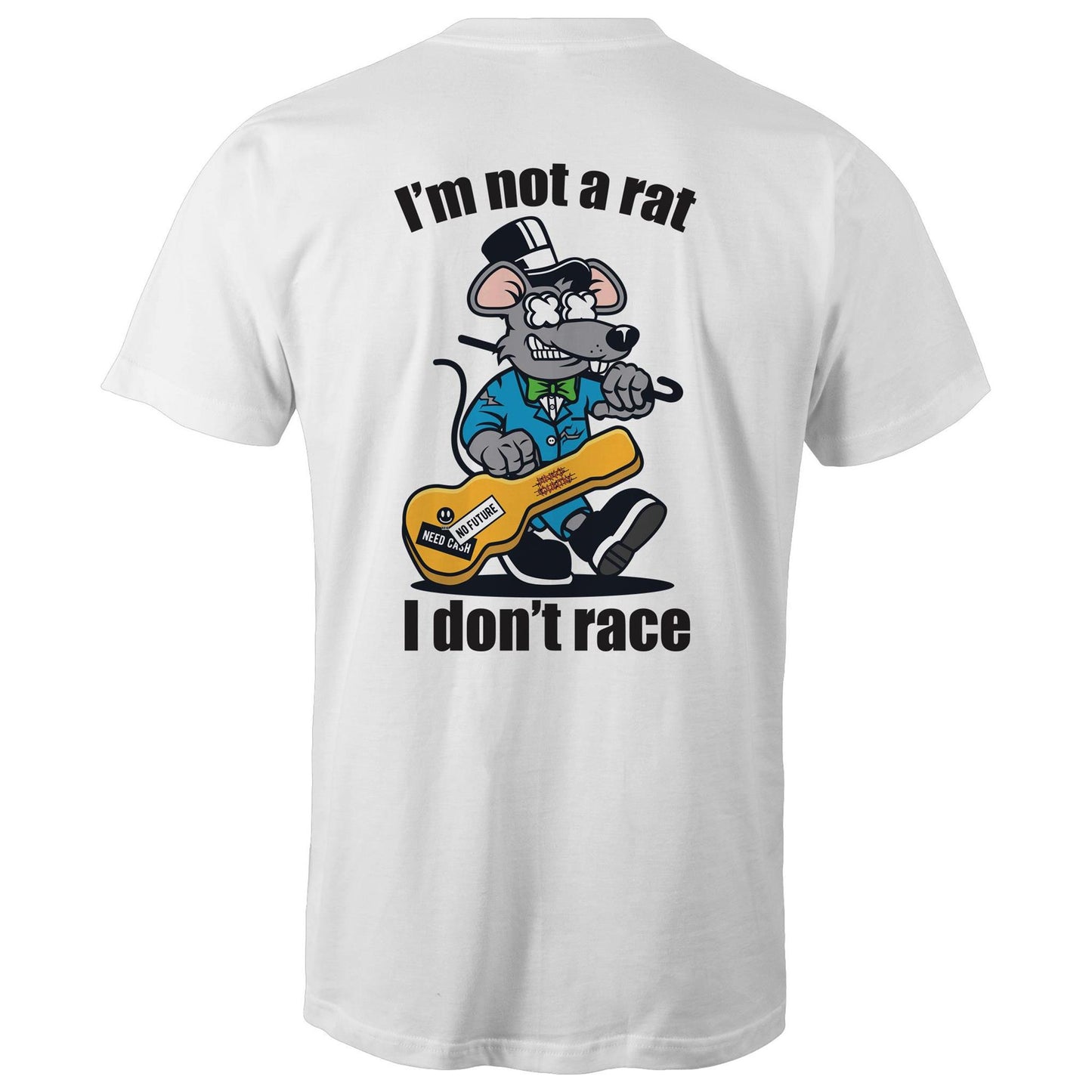 White mens T-shirt- Graphic print of a rat playing the guitar with 'I'm Not a Rat, I Don't Race' slogan, showcasing a playful nod to music enthusiasts.