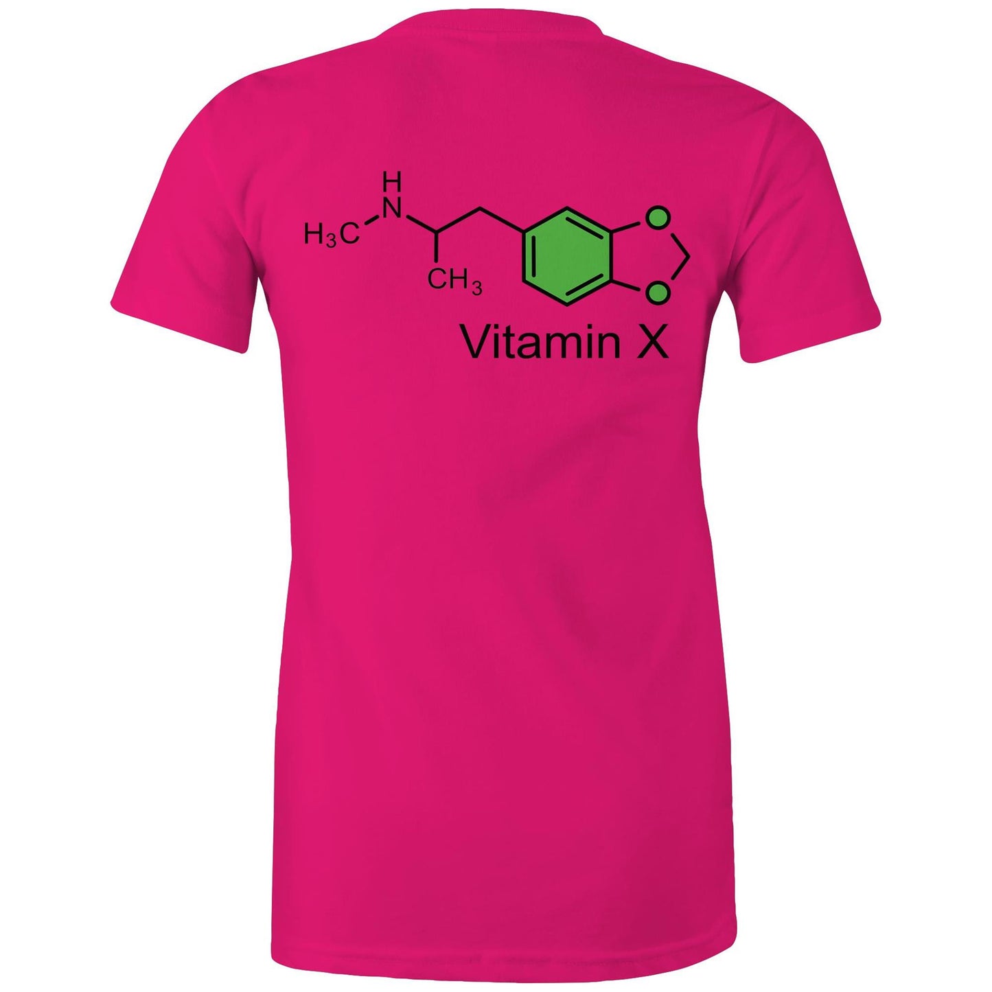 Chemical structure of MDMA, labeled "Vitamin X" on the back of a fuchsia women's maple tee.