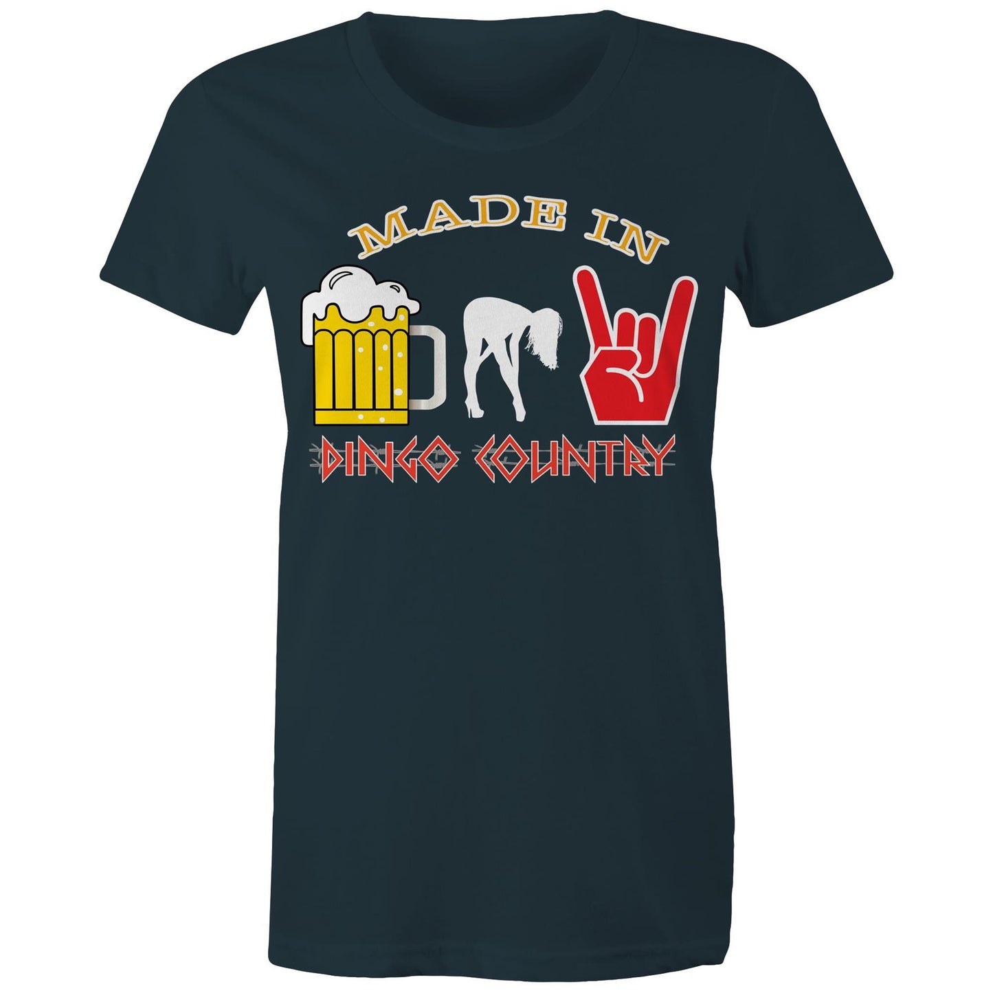 Beers, Babes, and Rock Women's Maple T-shirt : A Triple Threat of Fun! | Dingo Country
