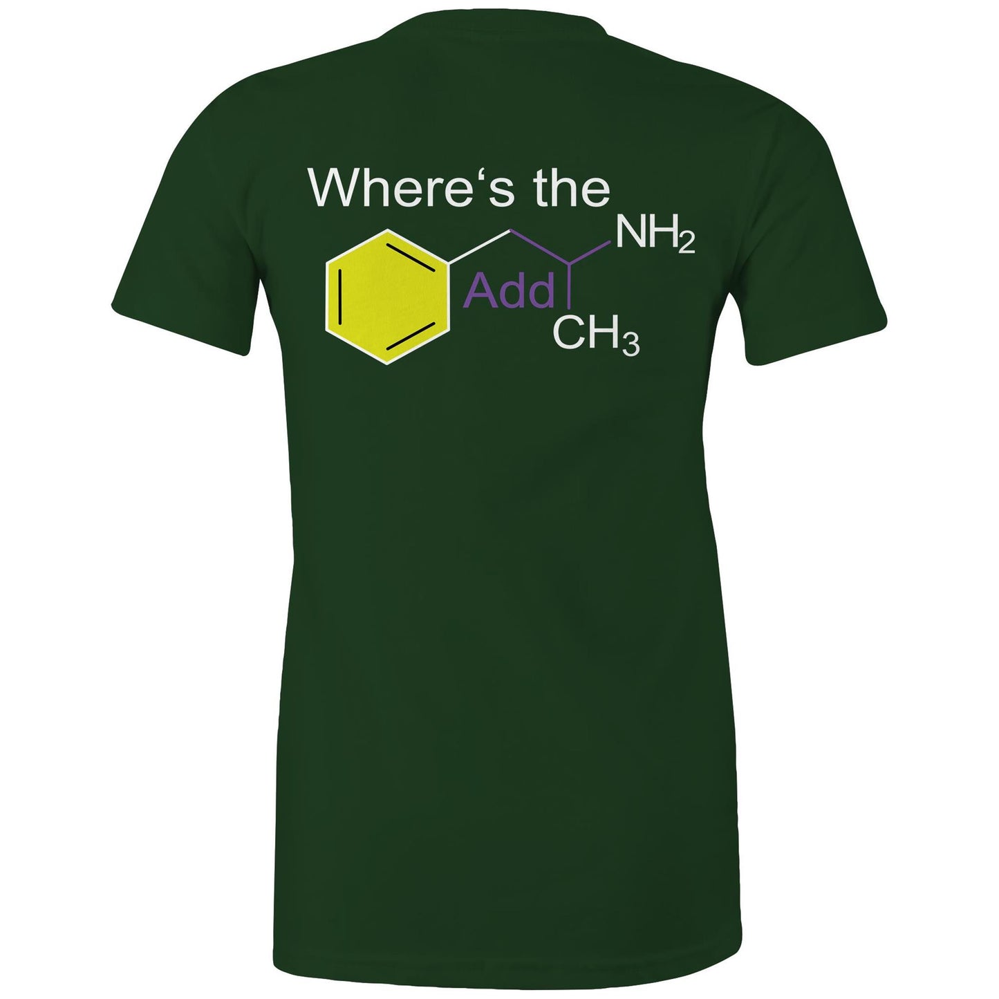 Back view forrest green women's t-shirt showing a playful twist on chemistry with 'Where’s the Addy' integrated within a colourful molecular structure design.