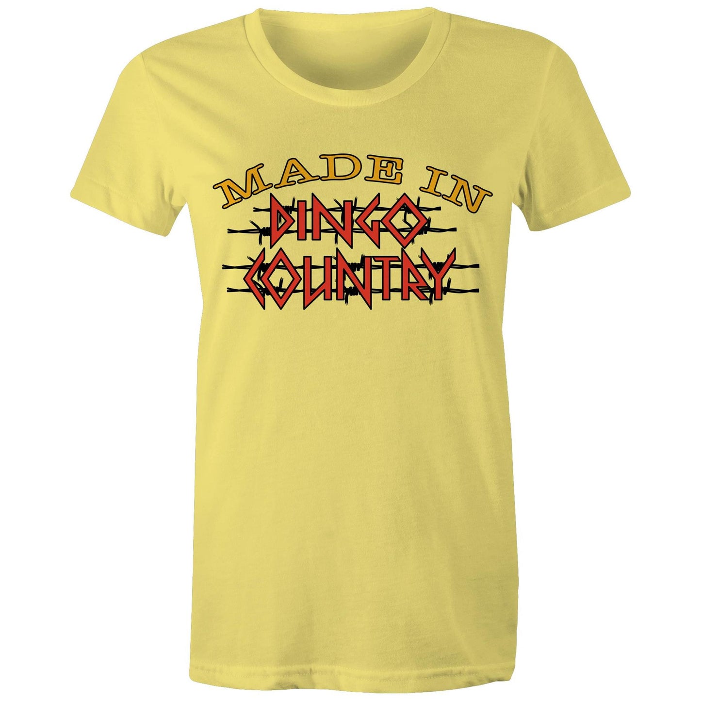 Comfortable yellow Women's Maple Tee with 'Made in Dingo Country' graphic in bold yellow and red, capturing the adventurous Aussie spirit