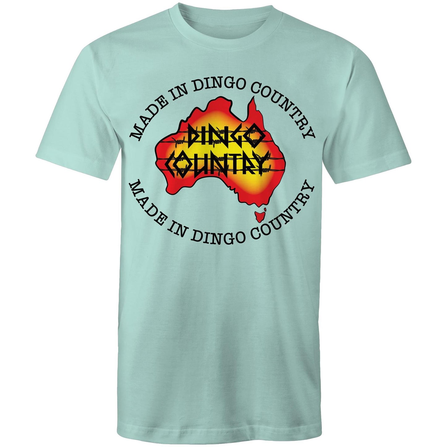 Men's aqua T-shirt highlighting a map of Australia with a 'Made in Dingo Country' motif, combining national pride and a sunburnt colour palette.