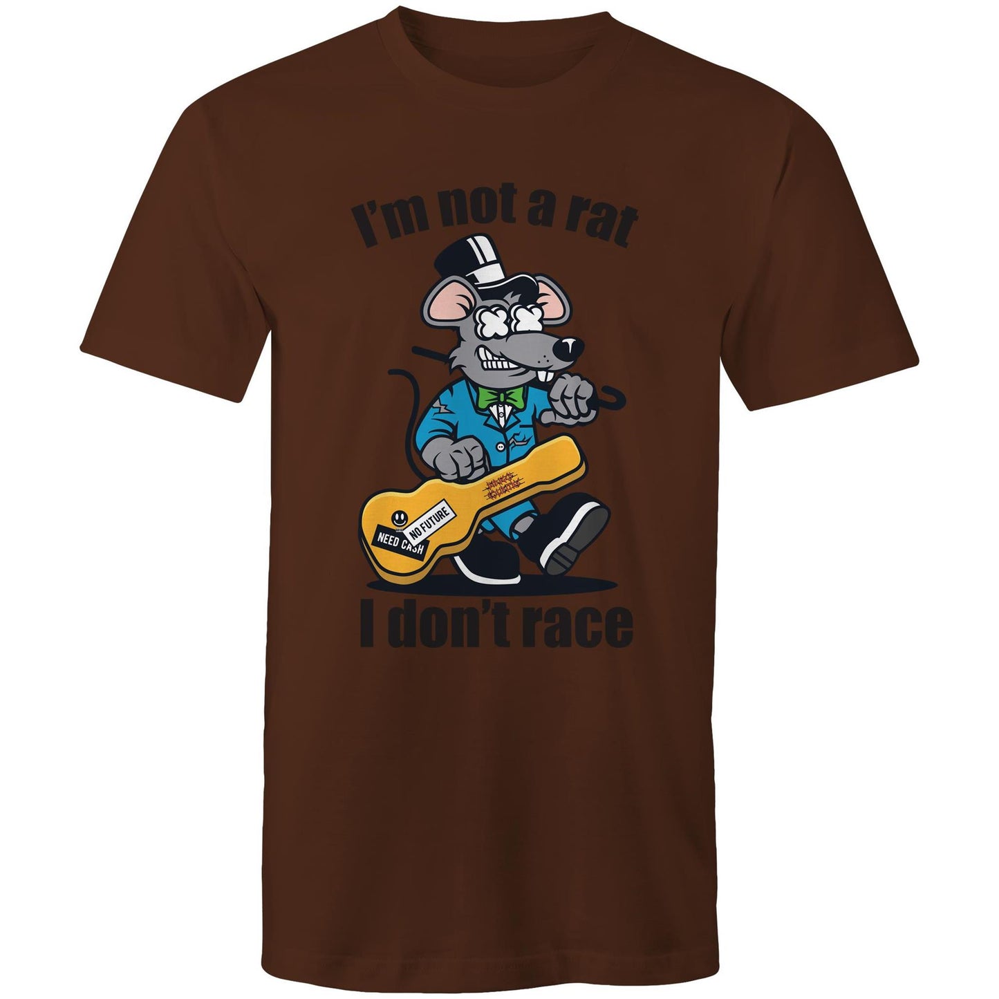 Men's dark chocolate t-shirt with a cartoon rat playing guitar and 'I'm Not a Rat, I Don't Race' text - part of Dingo Country's Art & Humour Collection.