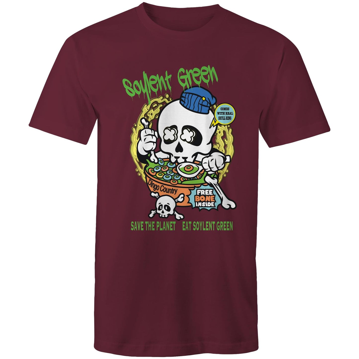 Burgundy men's T-shirt with a colourful 'Soylent Green' graphic, showcasing a skull eating cereal and a 'Save the Planet, Eat Soylent Green' message.