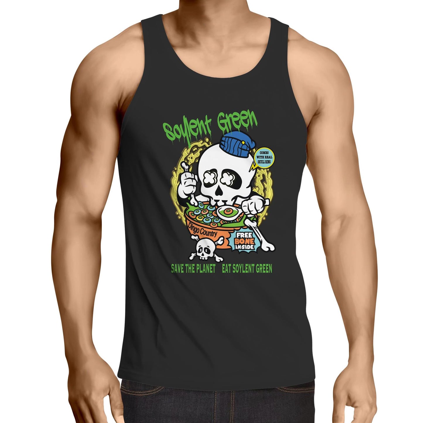 Muscular fit men's black singlet with a vibrant Soylent Green motif, skull eating cereal, promoting environmentalism with a retro twist