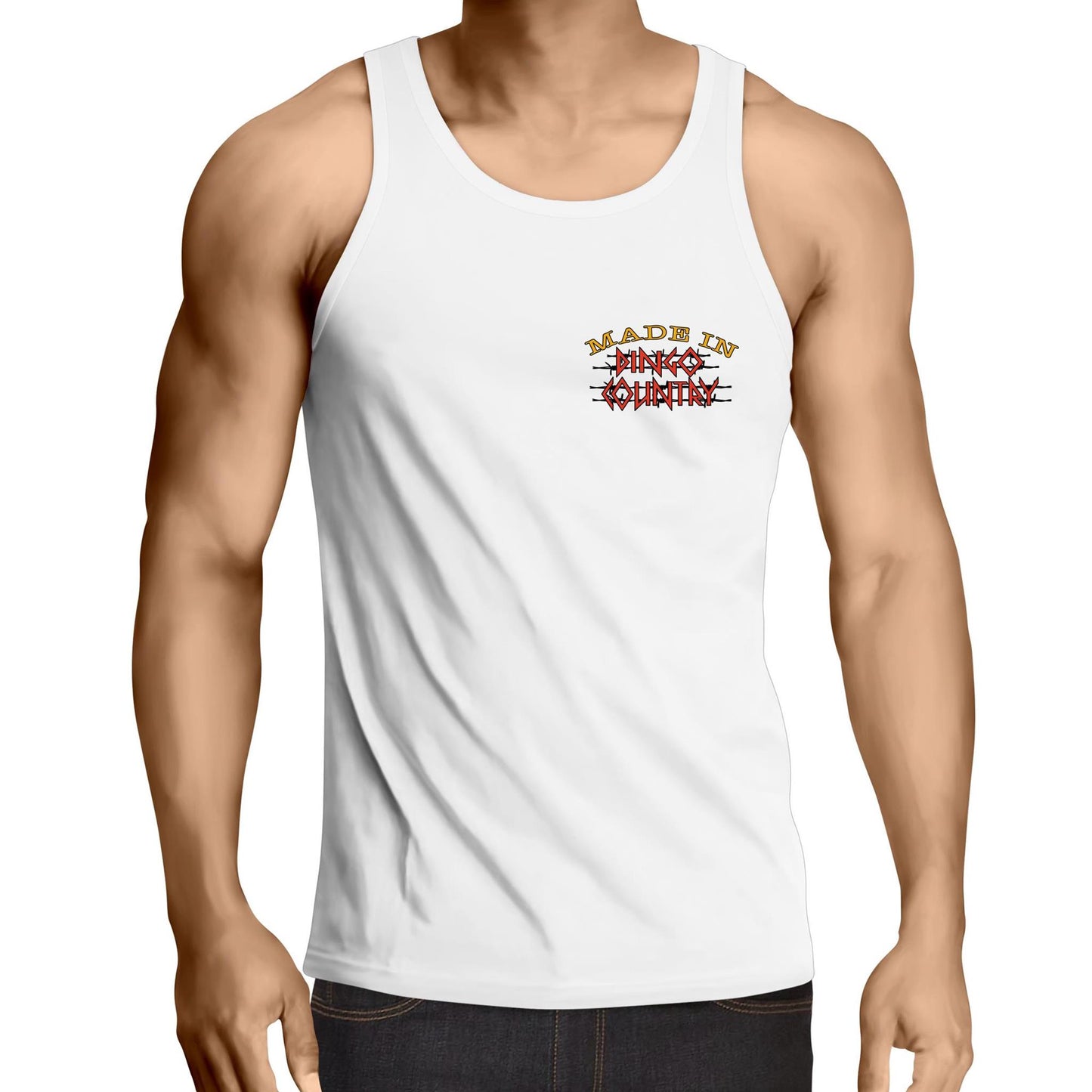 Front view of a men's white singlet top featuring the phrase 'Made in Dingo Country' in a rustic, multi-colored font, representing pride in Australian craftsmanship.