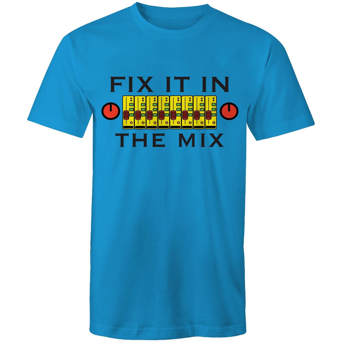 Men's arctic blue t-shirt with 'Fix It In The Mix' music mixer design