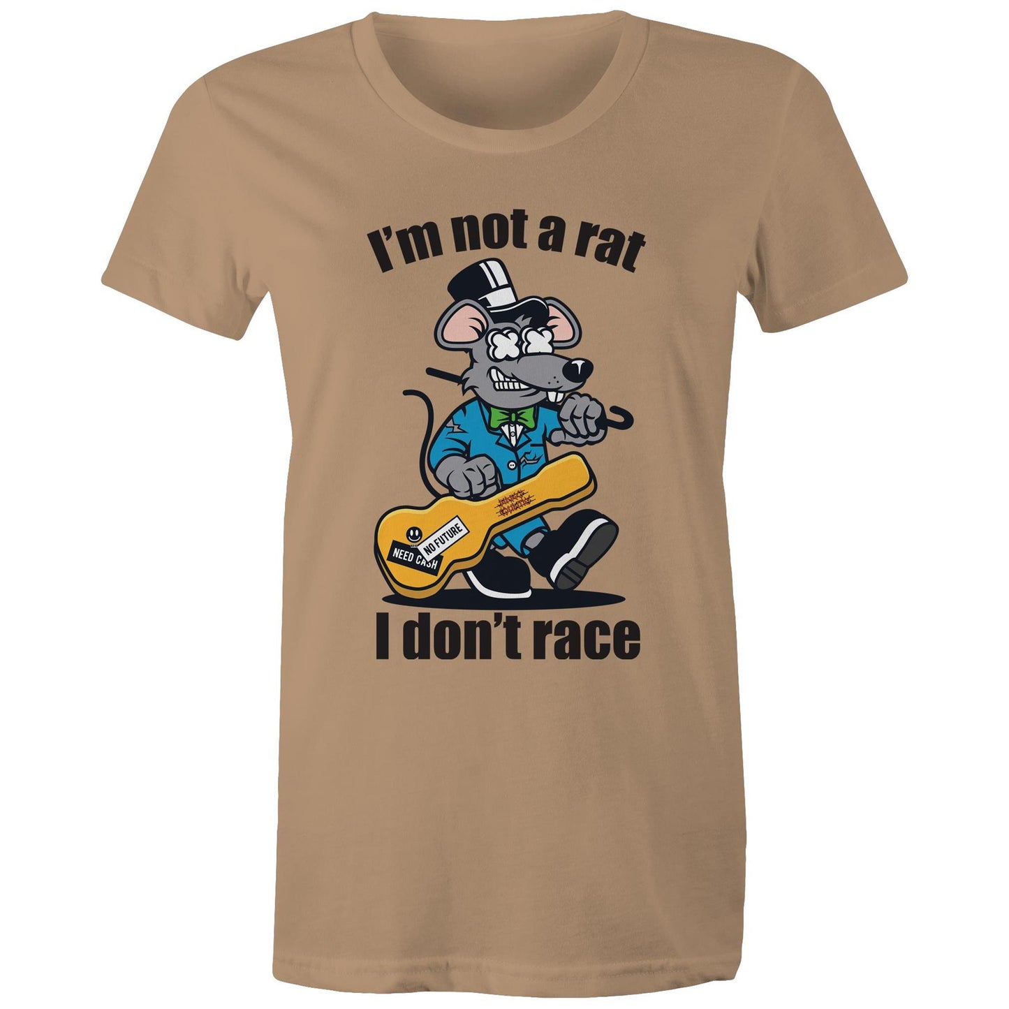 Front view of a woman's tan maple tee with a graphic of a guitar-playing rat and the words 'I'm Not a Rat, I Don't Race', exemplifying a fun and laid-back style