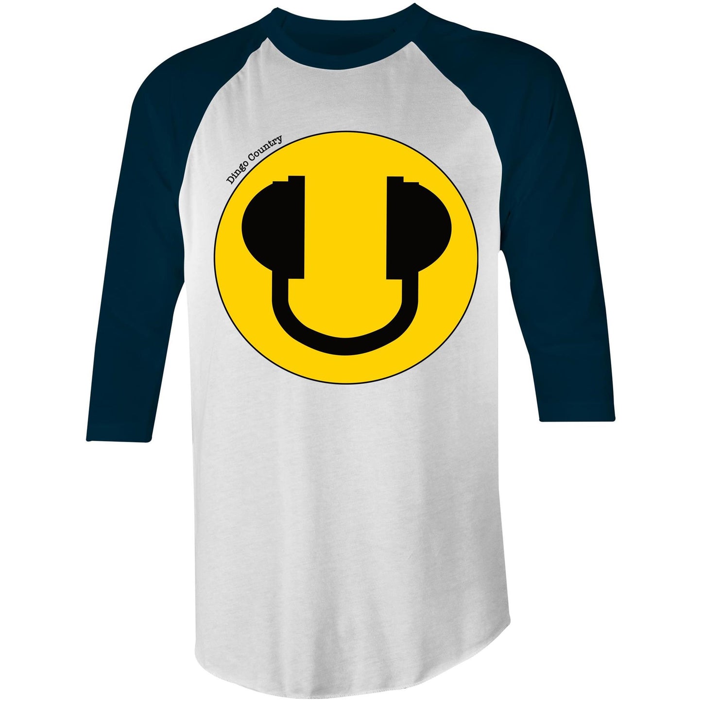 White and navy colour raglan T-shirt with a large yellow smiley face headphone design, combining retro style with a playful music theme.