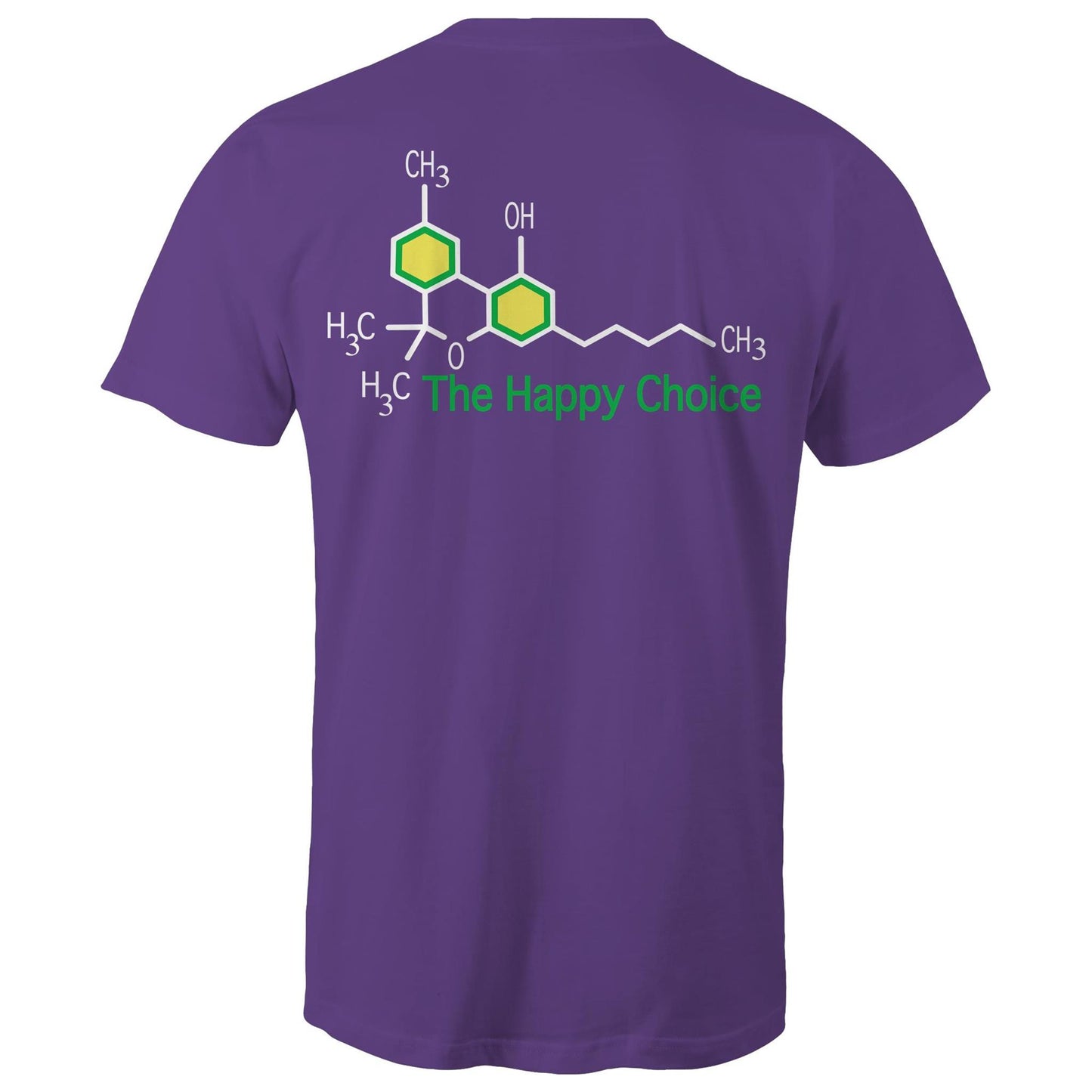 Rear view of a purple T-shirt showing the chemical structure of Tetrahydrocannabinol (THC) with 'The Happy Choice' tagline, merging fun with pharmacological interest.