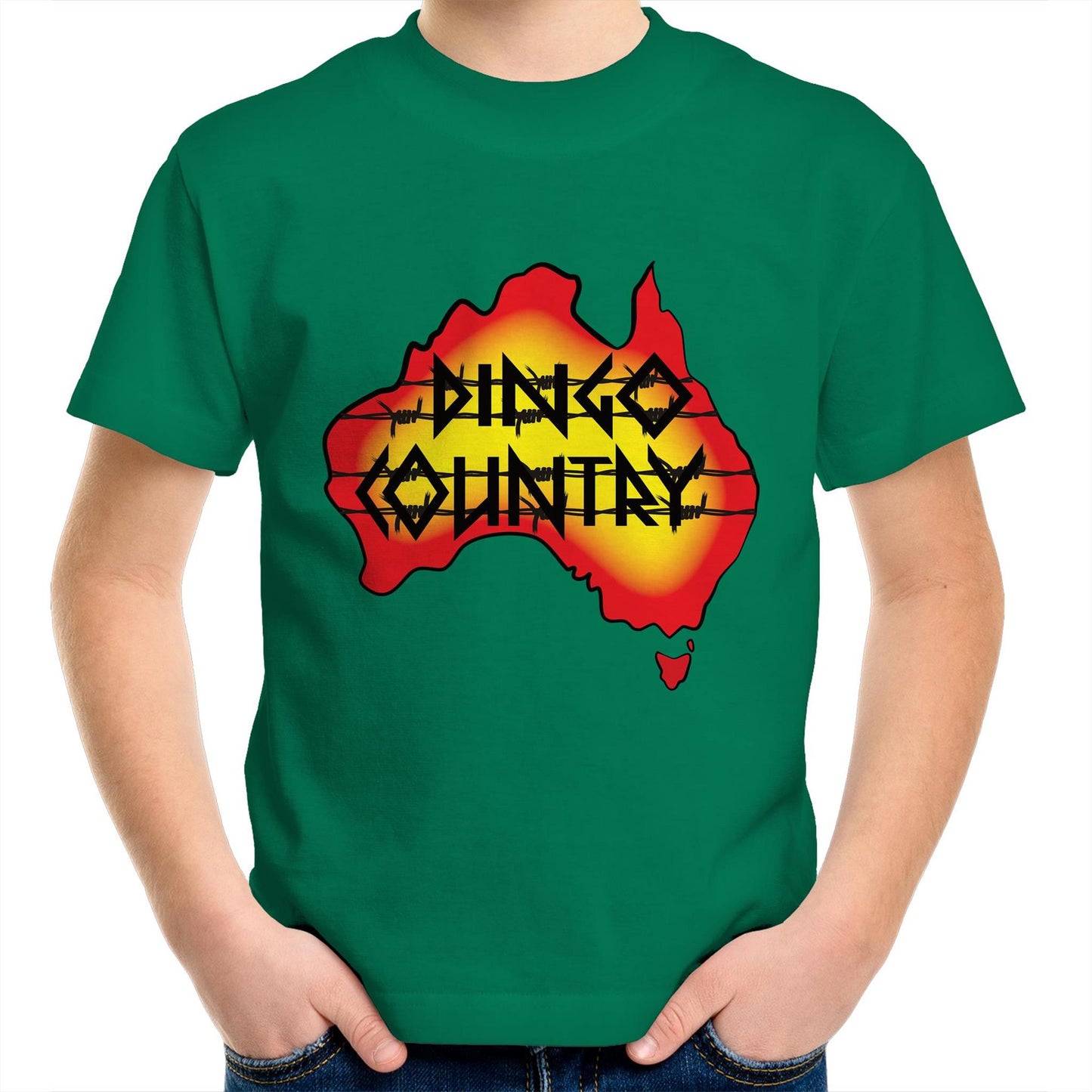 Child wearing Australian map Dingo Country T-shirt Green