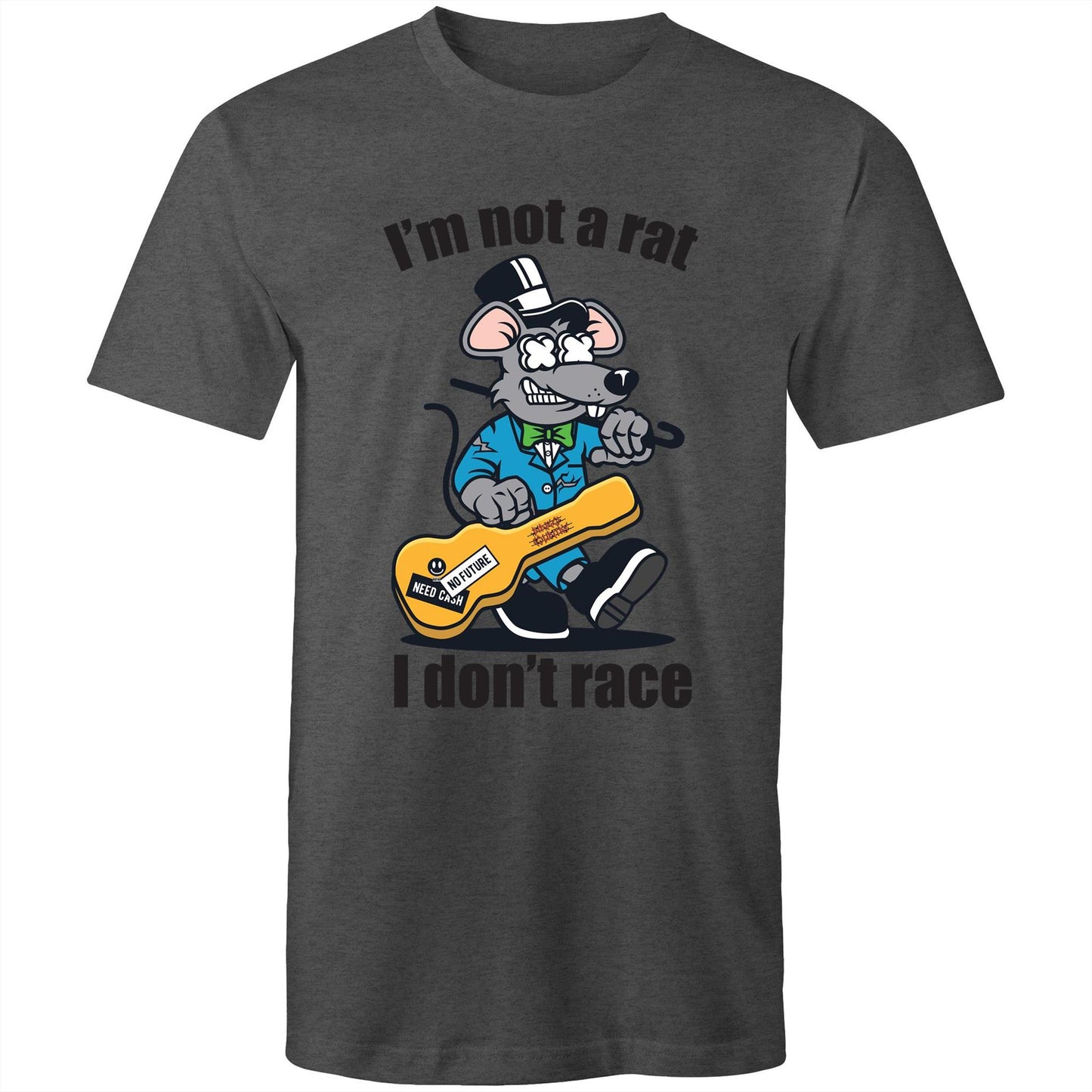 Men's asphalt t-shirt with a cartoon rat playing guitar and 'I'm Not a Rat, I Don't Race' text - part of Dingo Country's Art & Humour Collection.