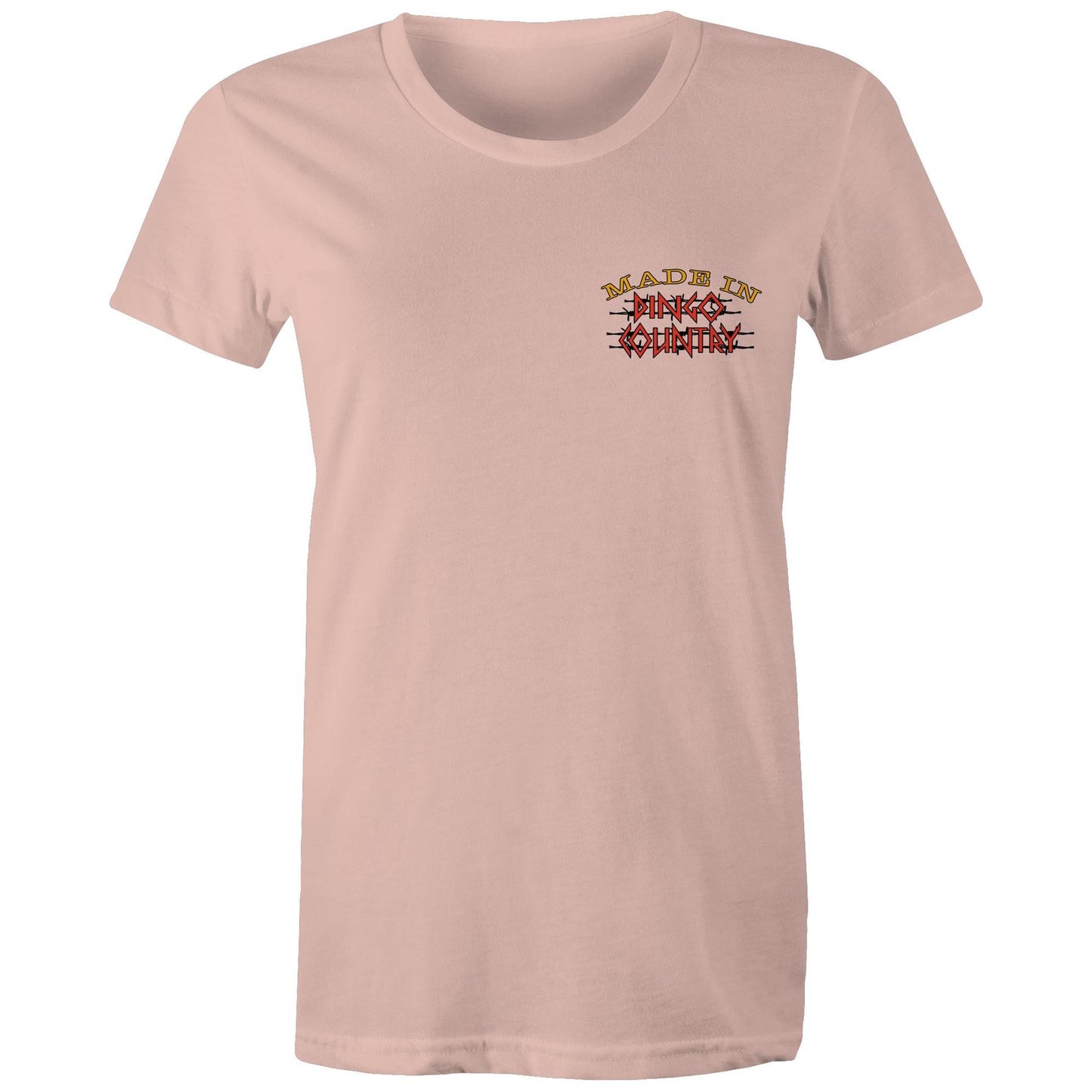 Front view of the pale pink 'Fly in My Beer' T-shirt with a small Dingo Country logo on the chest.