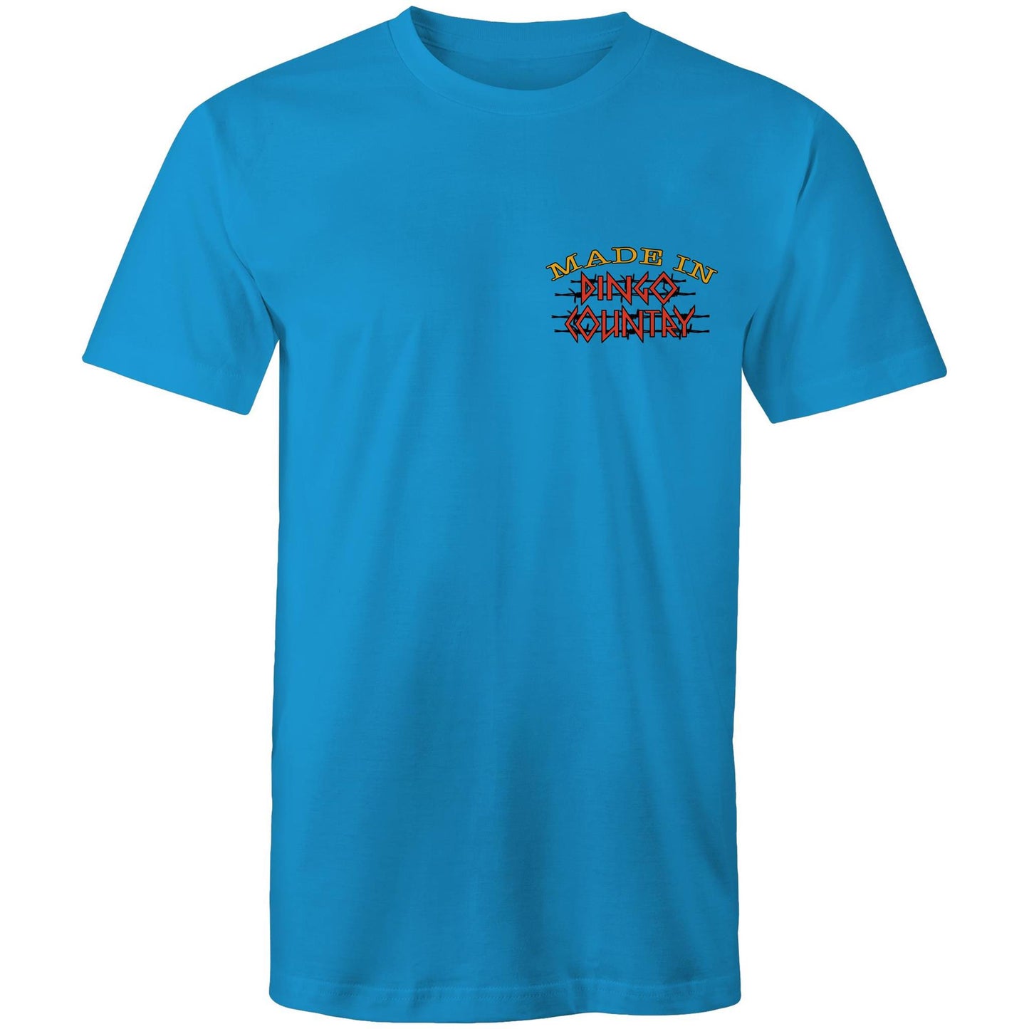 A arctic blue men's t-shirt with a small, central chest print that reads "Made in Dingo Country", The print is stylized with the Australian flag colors and distressed lettering to give a rugged, patriotic feel.