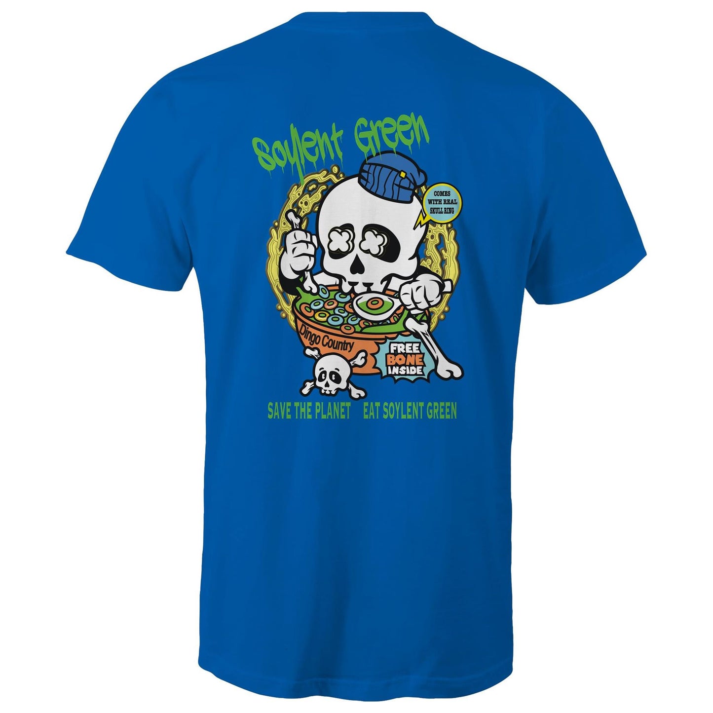 Rear view of a bright royal T-shirt featuring a colourful 'Soylent Green' graphic with a skull eating cereal, highlighting an environmental message with a twist of dark humour.