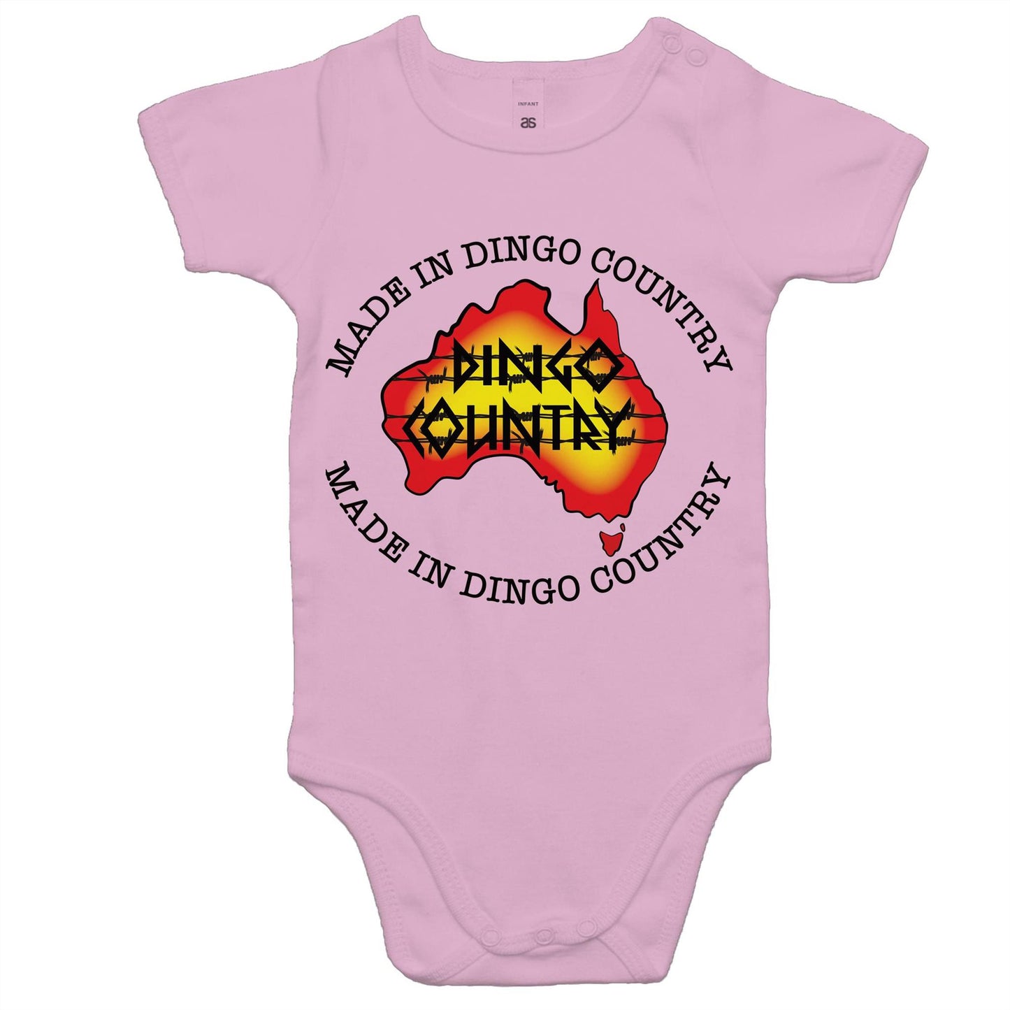 Cute baby onesie in pink with 'Made in Dingo Country' Australian map design, available in three soft colours for a charming infant outfit.