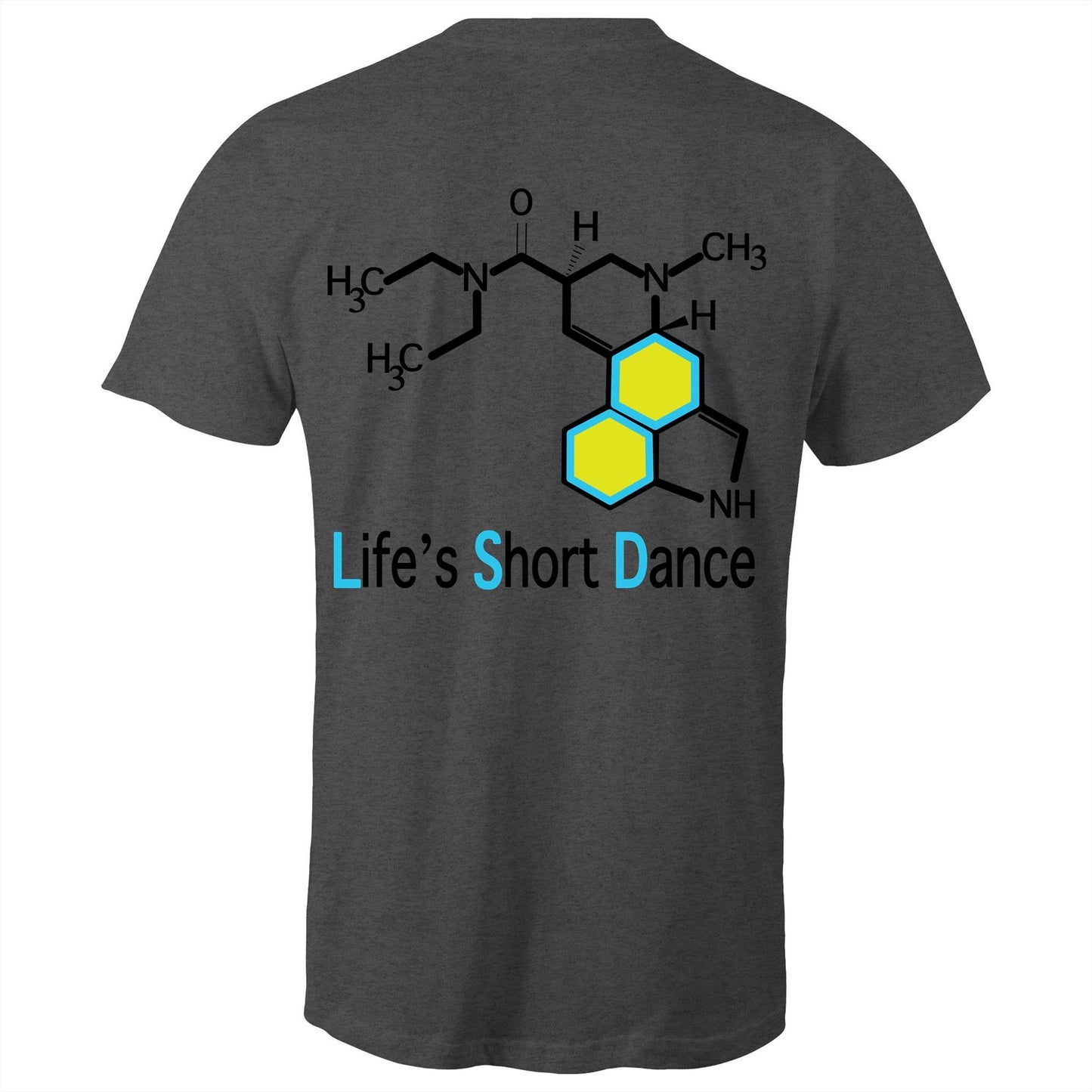 Back view of 'Life’s Short Dance' Men's Asphalt T-Shirt featuring an intricate chemical molecule design in black and blue, with the phrase 'Life’s Short Dance' in stylized blue font