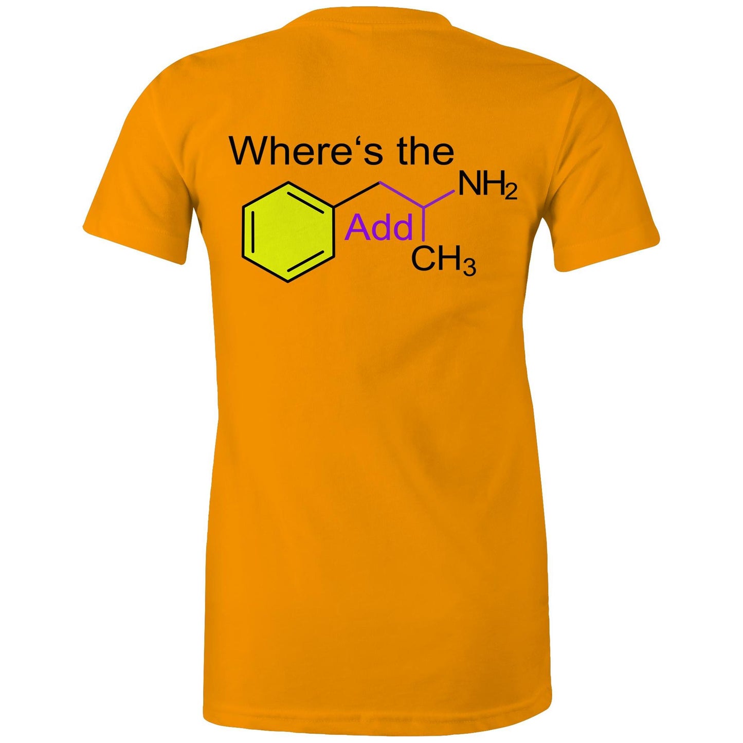 Back view orange women's t-shirt showing a playful twist on chemistry with 'Where’s the Addy' integrated within a colourful molecular structure design.
