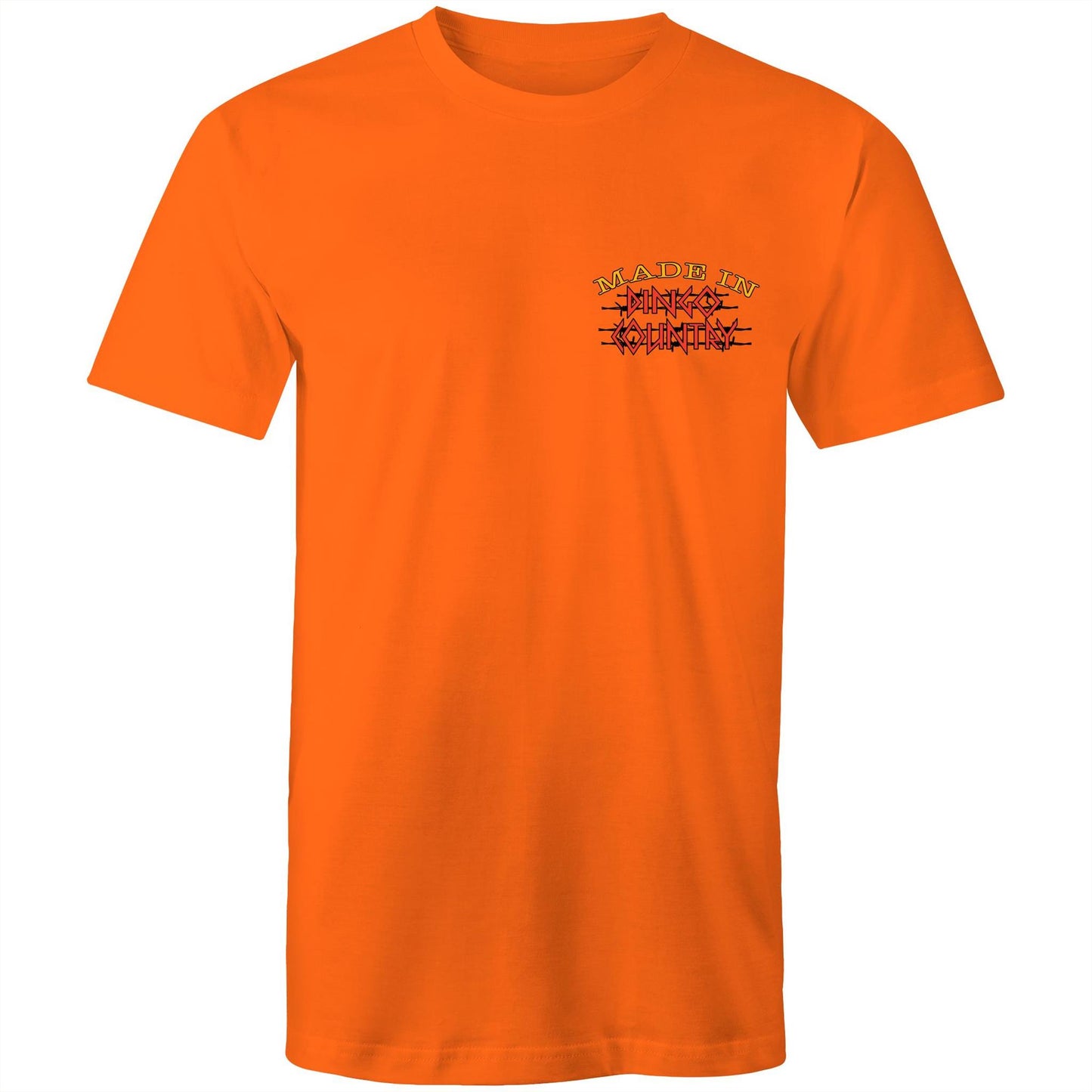 Front view of 'Life’s Short Dance' Men's T-Shirt showcasing the 'Made in Dingo Country' logo in warm earthy tones on an orange background.