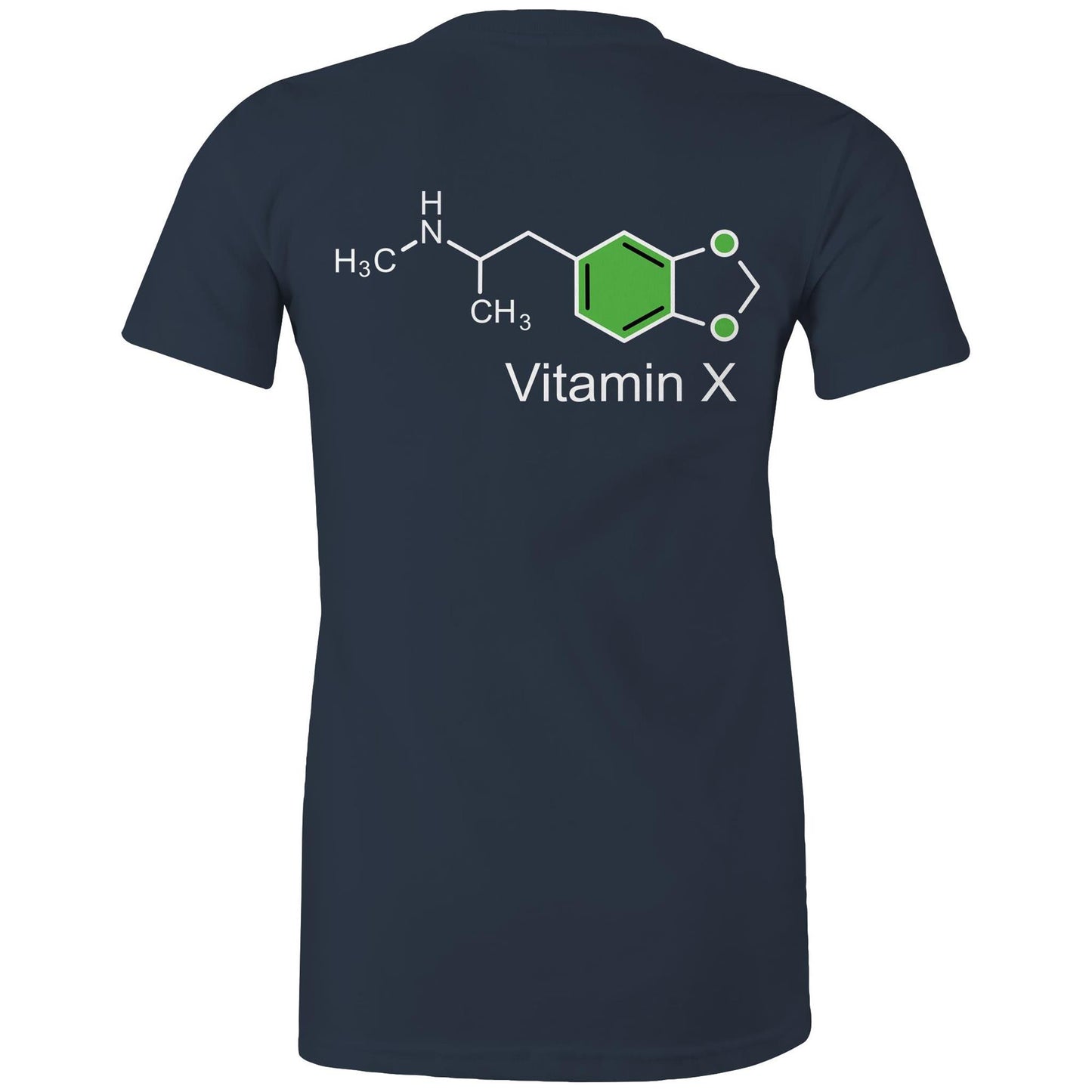 Chemical structure of MDMA, labeled "Vitamin X" on the back of a navy women's maple tee.