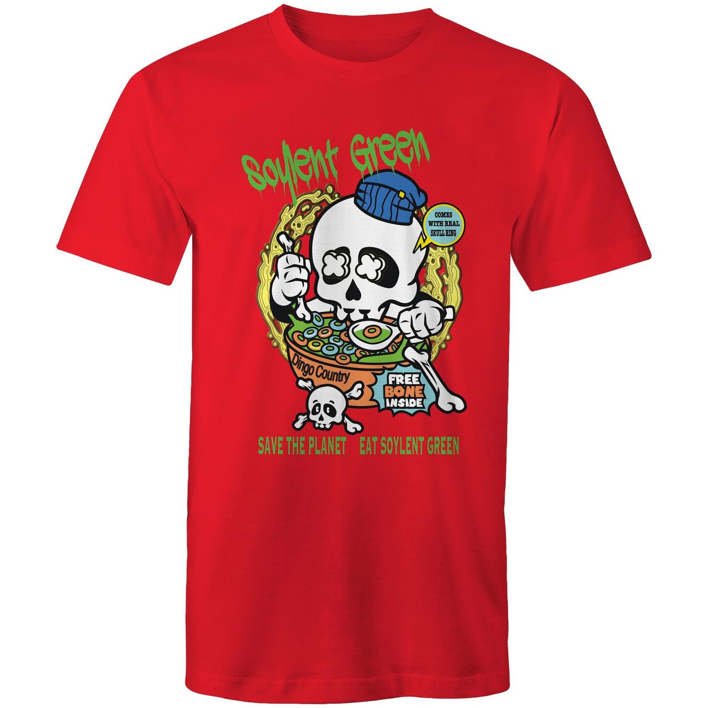 Red men's T-shirt with a colourful 'Soylent Green' graphic, showcasing a skull eating cereal and a 'Save the Planet, Eat Soylent Green' message.