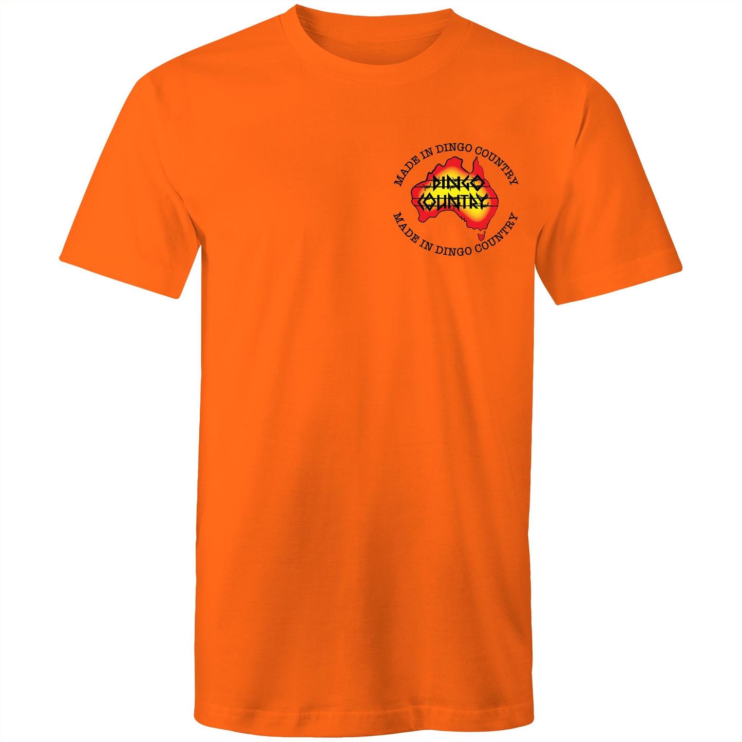 Front view of 'Fly in My Beer' Men's T-Shirt by Dingo Country – plain orange tee with the colourful logo reading 'Made in Dingo Country'