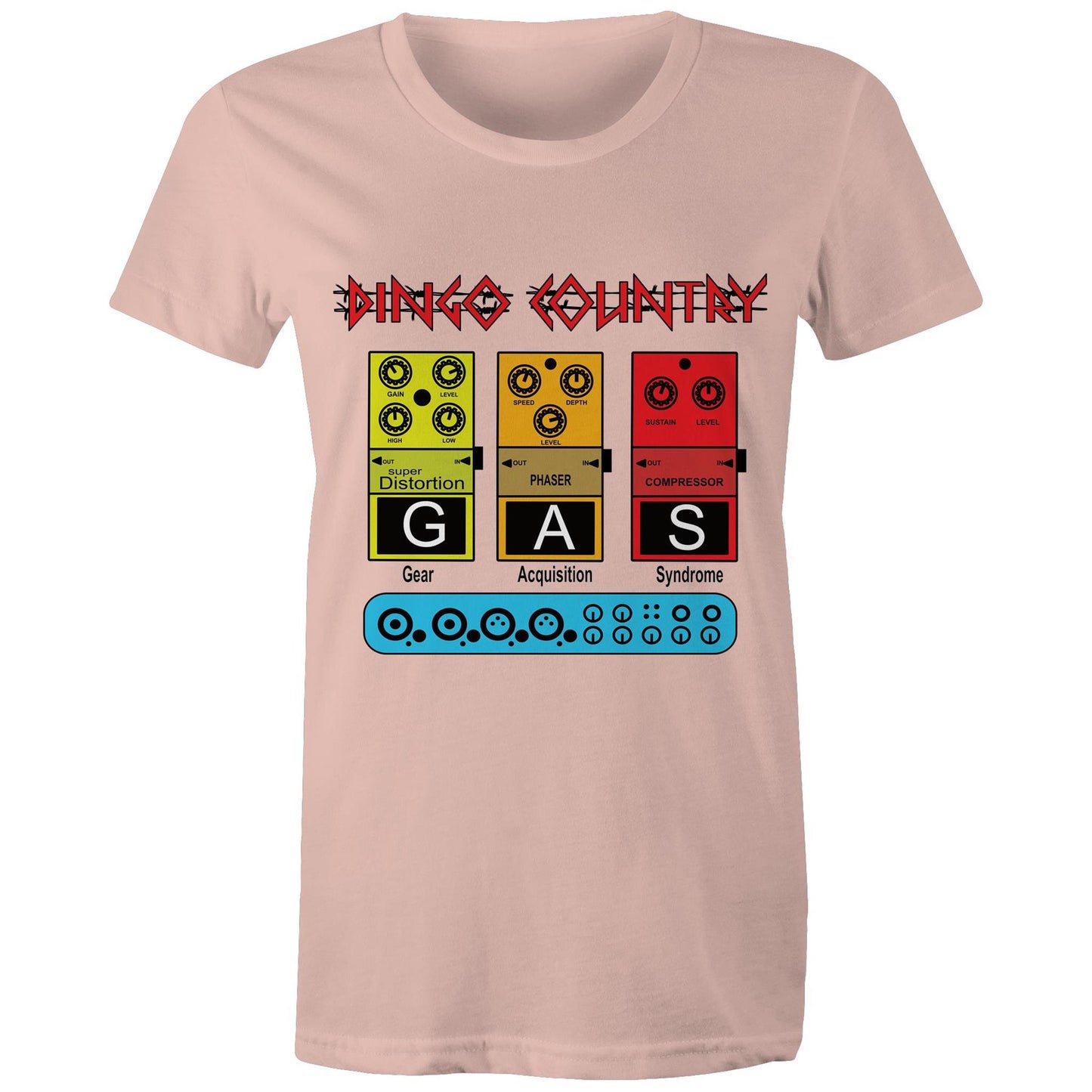 Close-up of the GAS Effect Pedal Women's T-Shirt pale pink by Dingo Country, celebrating music gear culture