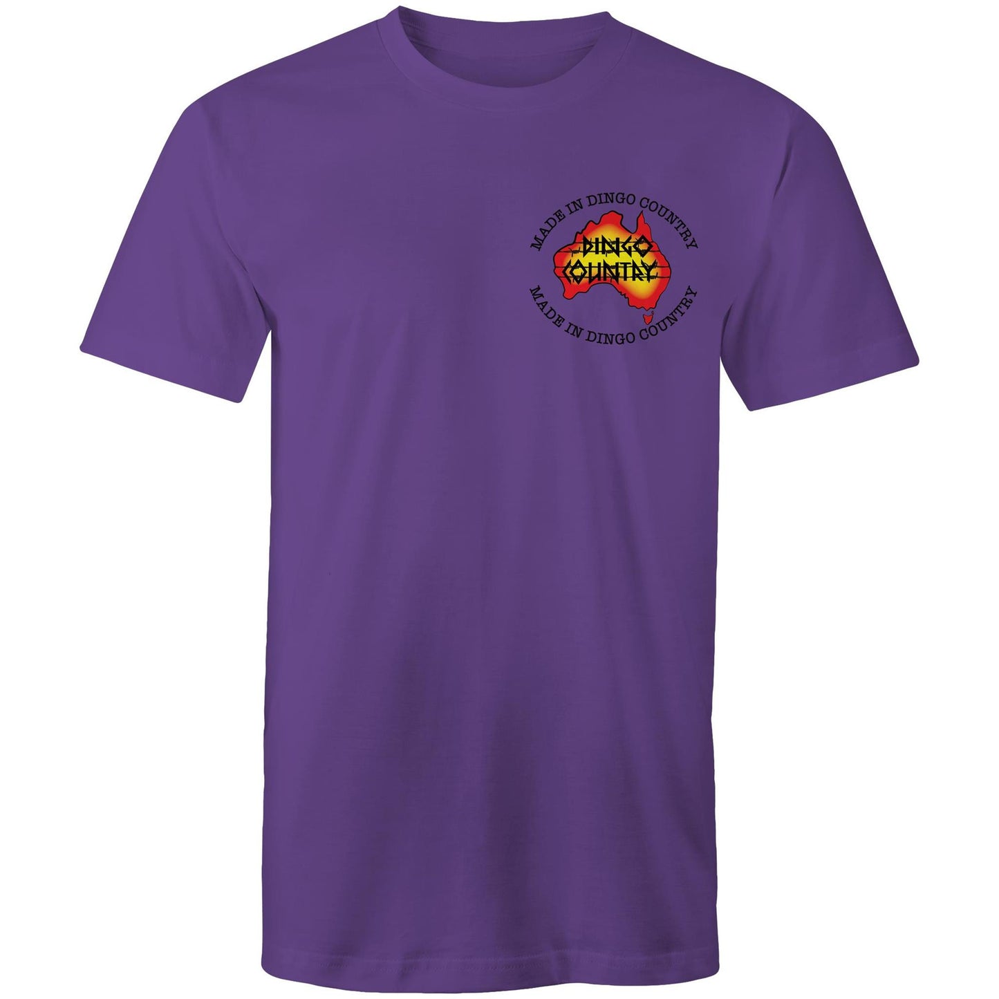 Front view of 'Fly in My Beer' Men's T-Shirt by Dingo Country – plain purple tee with the colourful logo reading 'Made in Dingo Country'
