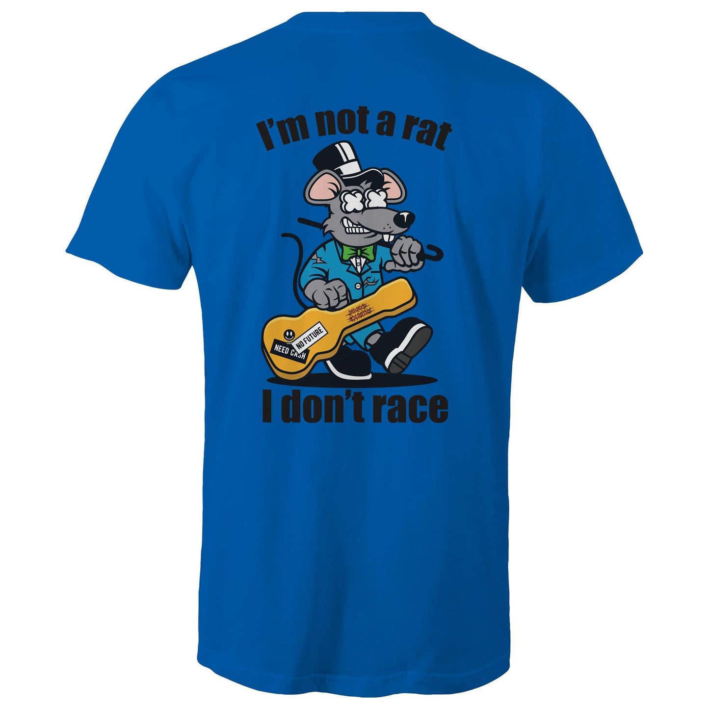 Bright royal mens T-shirt- Graphic print of a rat playing the guitar with 'I'm Not a Rat, I Don't Race' slogan, showcasing a playful nod to music enthusiasts.