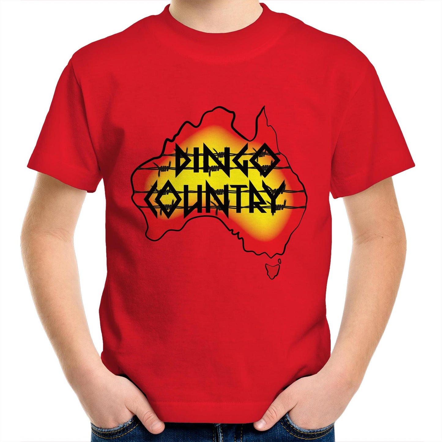 Child wearing Australian map Dingo Country T-shirt Red