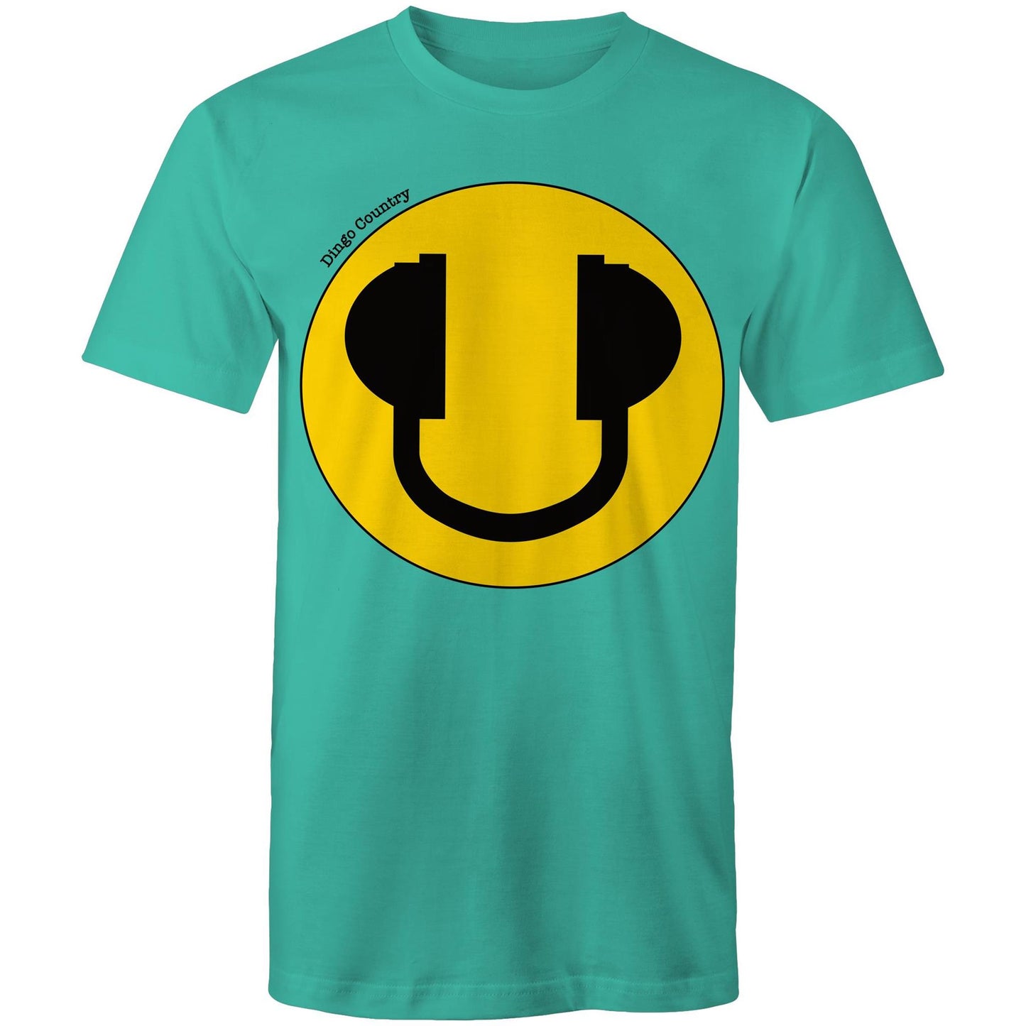 Men's teal T-Shirt featuring a large smiley face with headphone design, available in 13 colors, showcasing a playful and music-inspired style from Dingo Country.